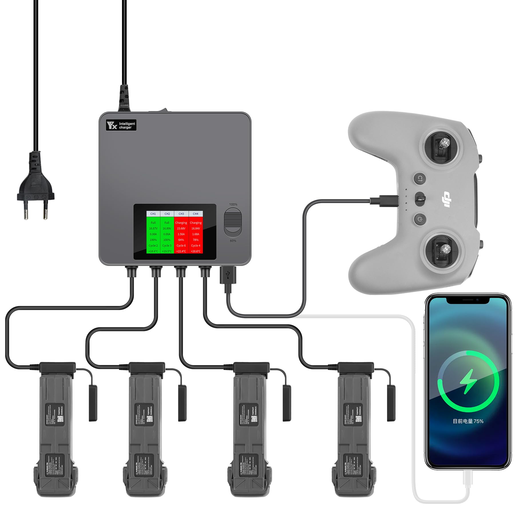 LCD Parallel Akku Ladegerät für DJI Avata 2 Drohne,6 in 1 Akkuladestation,Charger Hub,Display Charging Zubehör