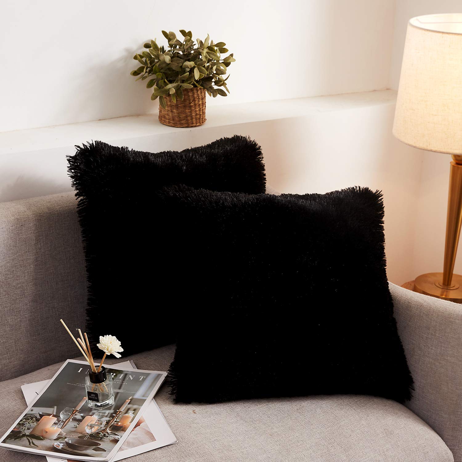 XeGe Faux Fur Throw Pillow Covers, Shaggy Fluffy Cushion Covers, Plush Furry Pillow Cases, Fuzzy Decorative Pillow Shams with Zipper Set of 2 for Sofa