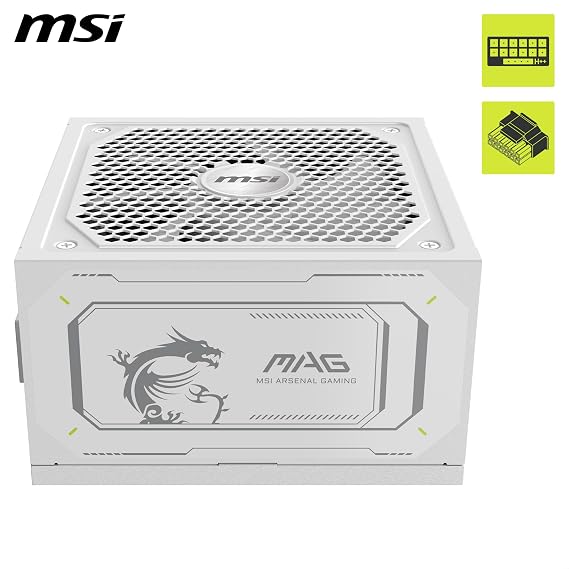 MSI MAG A1000GL PCIE5 White, Fully Modular Compact Gaming 1000W Power Supply, 80+ Gold, ATX 3.1 & PCIe 5.1 Ready, Native Dual-Color 12V-2x6 Cable, Low-Noise, Embossed Jacket Cables,