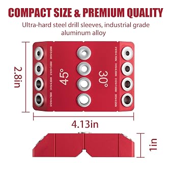 304590 Multi-Angle Drill Guide Jig, Aluminum Pocket Hole Drilling Template with 4 Sizes Hole for Woodworking Doweling