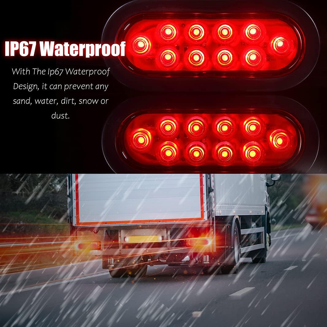 2 Pcs 6" Oval Red 10-LED Trailer Lights, Super Bright Stop Tail Turn Signal Lights, Surface Mount Grommets Plugs for Boat Trailer Camper Truck RV Jeep,12V, DOT Certified