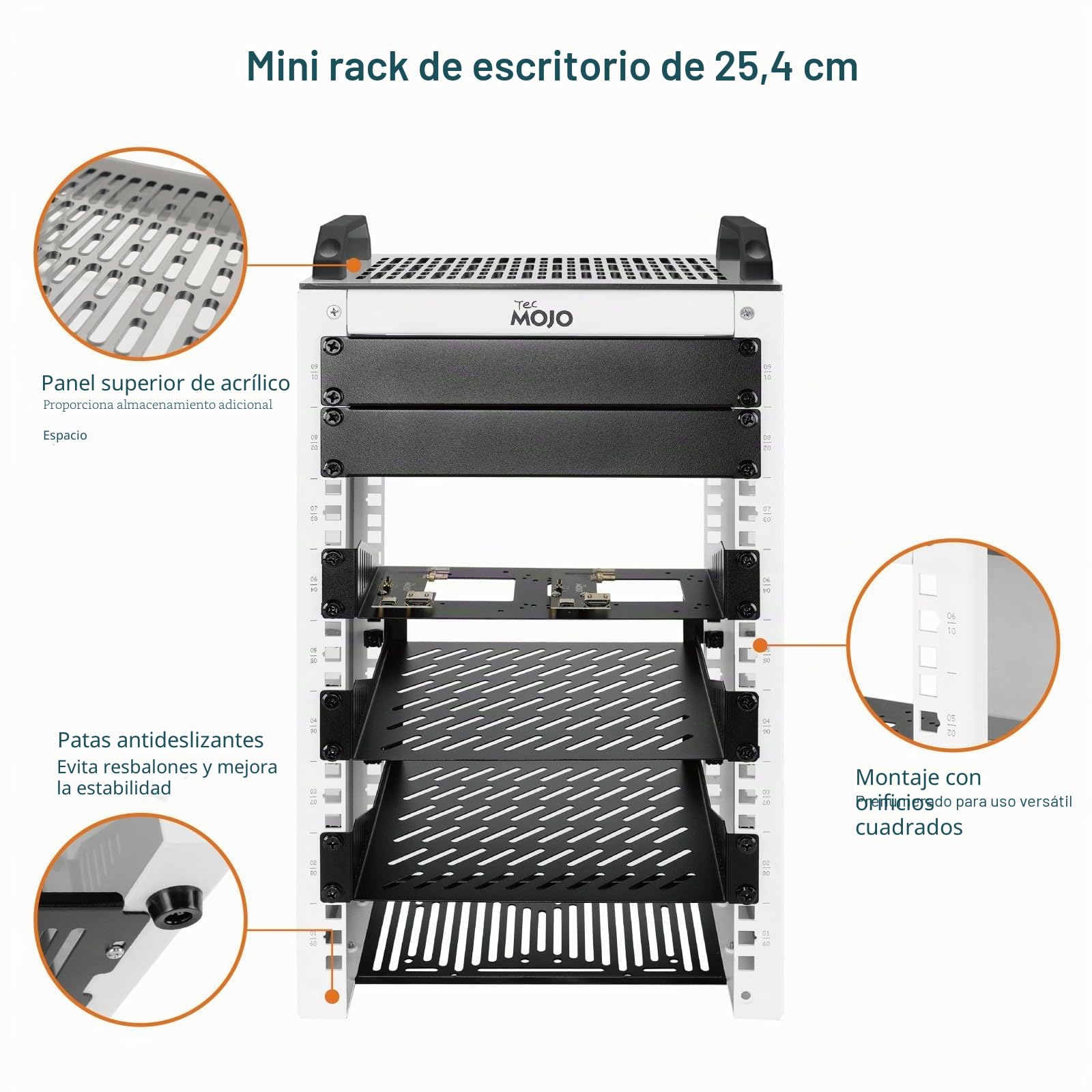 Tecmojo Mini rack de escritorio de 25,4 cm (10 pulgadas) 9U 200mm de profundidad, con estante SBC, placa adaptadora Micro HDMI a HDMI, panel en blanco, para equipos AV, NAS y servidor de 25,4 cm (10