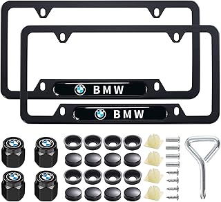 2PCS Black License Plate Frames for BMW, Car License Plate Bracket Holder, Premium Aluminum Alloy Weather Proof License Plate Covers with Screw Caps Cover Set Car Accessories
