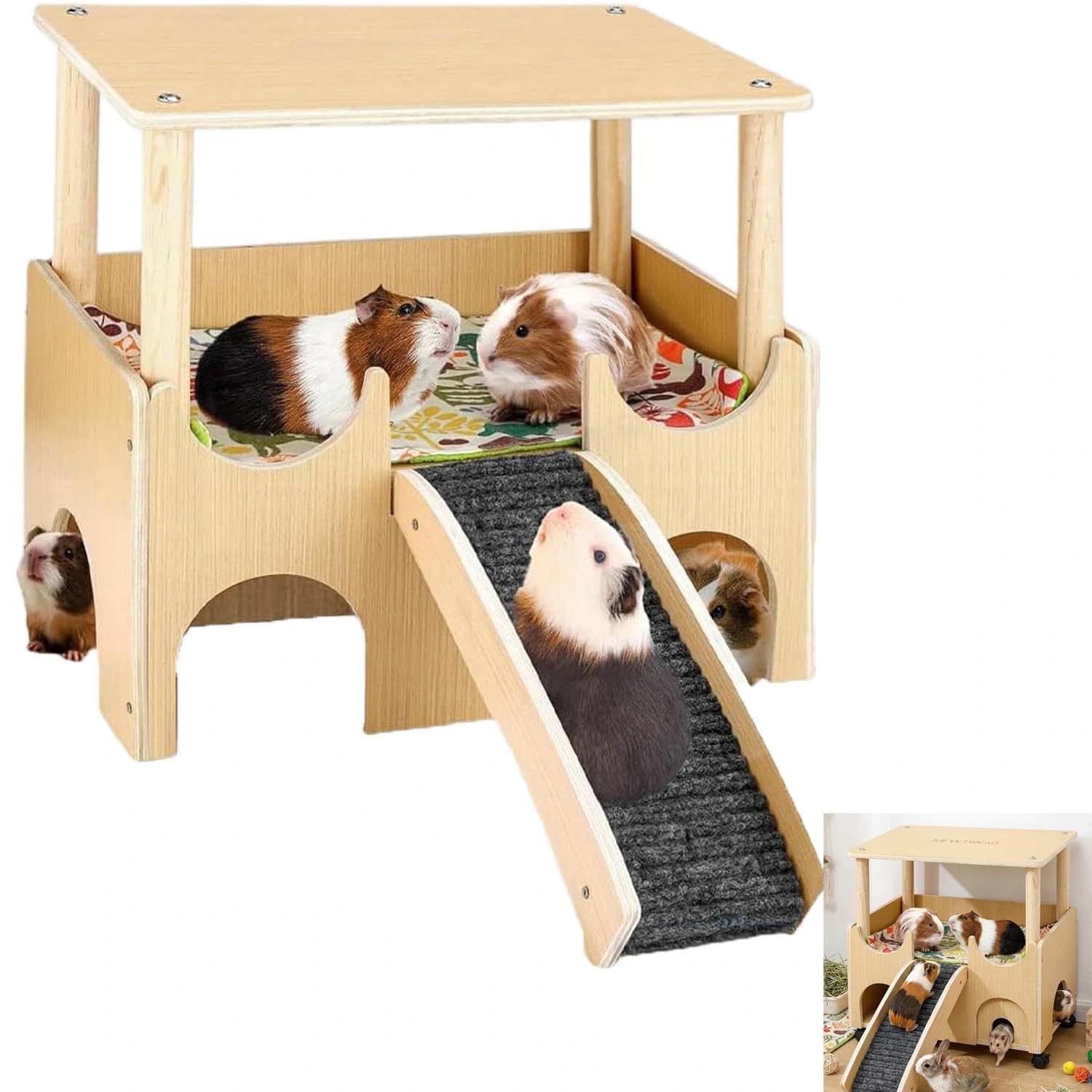 Casa de Madera móvil de Varios Pisos, Adecuada para cobayas, hámsters, roedores, Conejos y pequeños roedores, con rampas y esteras