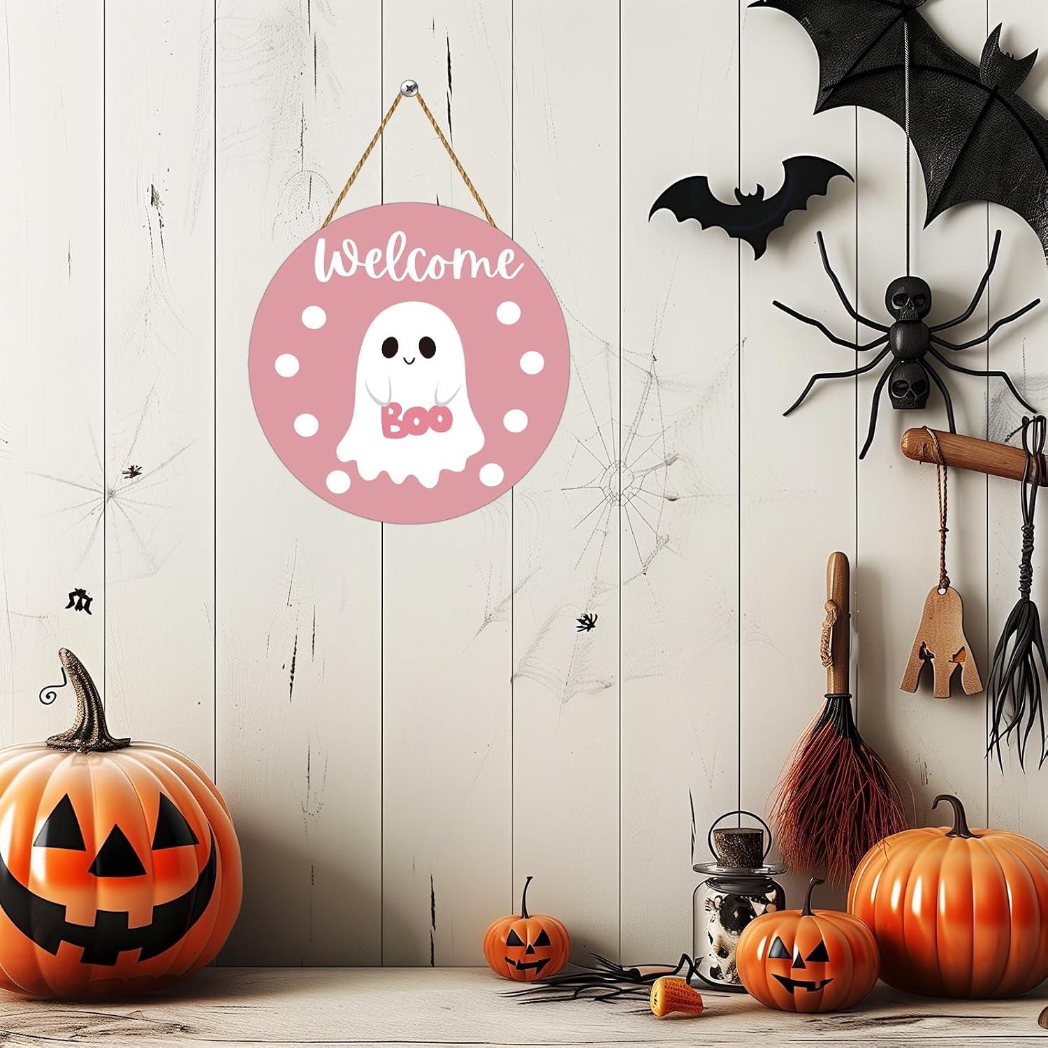 Pink Halloween Decor Halloween Door Decorations Pink Cute Ghost Decor Wreath Welcome Sign Wooden Front Door Hanger Cute Ghost Hanging Sign Wreath for Wall Indoor Home