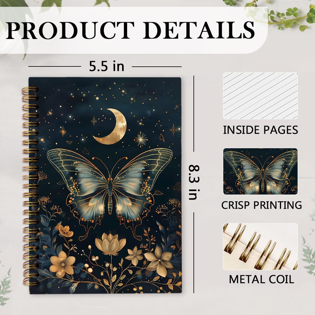 nvucamd Gothic Celestial Butterfly Spiral Notebook, Witchy Moth Floral Journaling Notebooks for Women, Vintage Butterfly Moon Journal Notebook, Gothic Moth Gifts Office Supplies, 5.5x8.3 Inch - Image 7