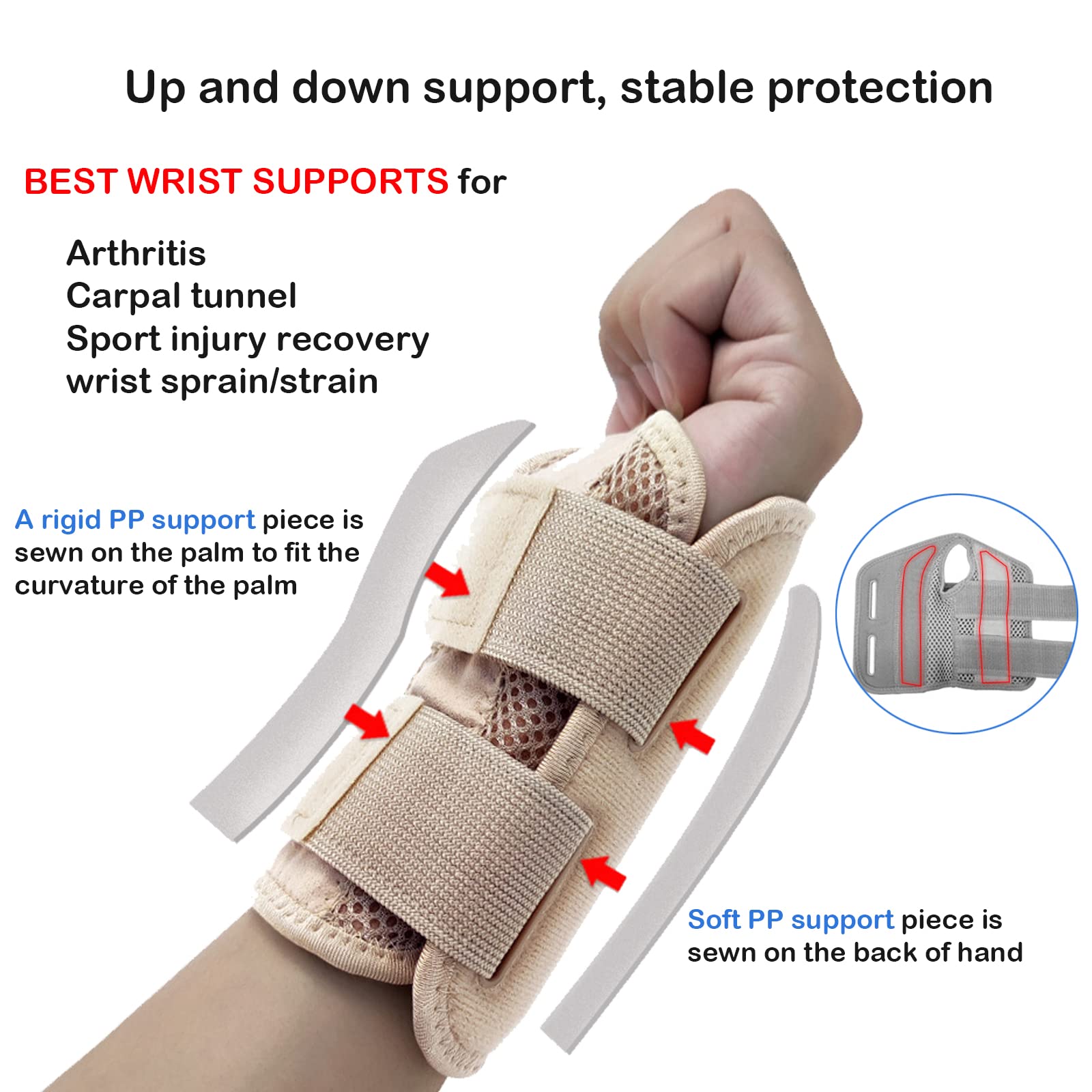 New Carpal Tunnel Wrist Support Brace With 2 Metal Splint Left Hand for Men Women Wrist Splint Stabilizer Hand Support Help Relieve Carpal Tunnel Pain Arthritis Tendonitis RSI Sprained (Beige-L) - Image 3