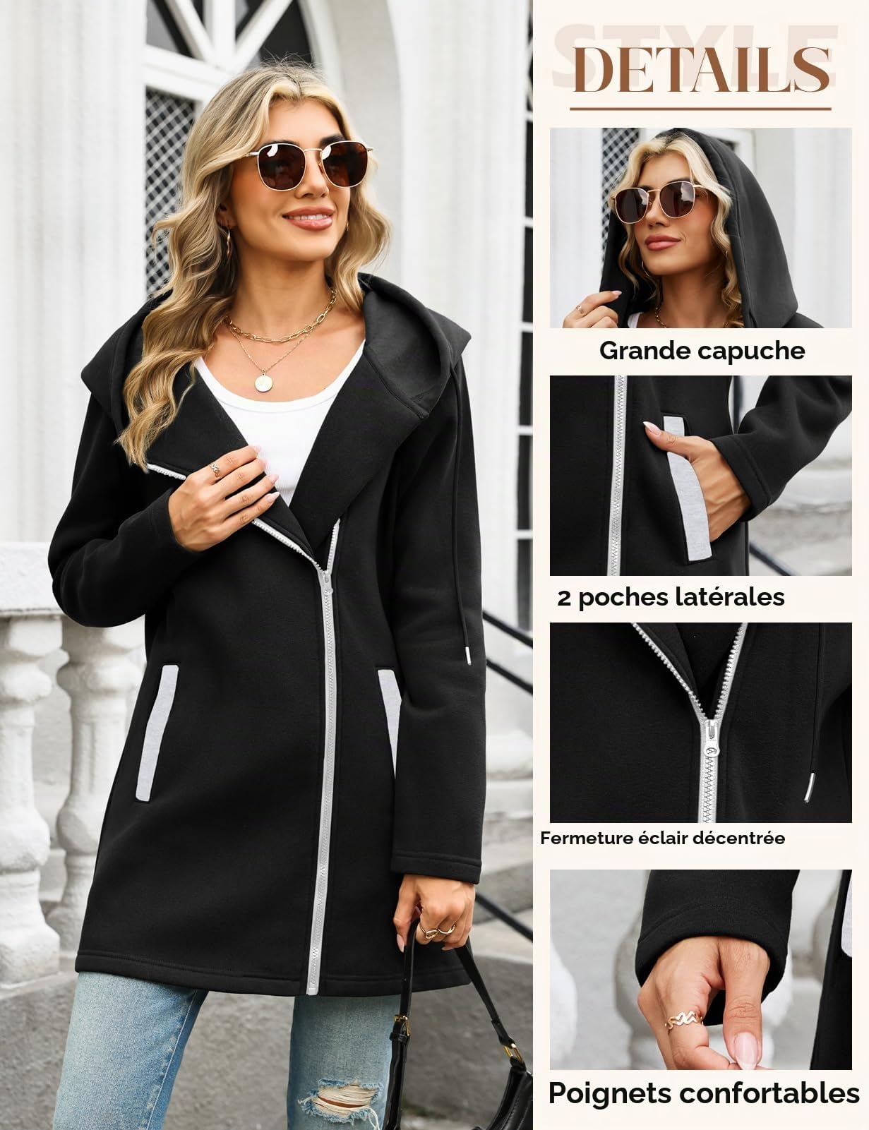 Sweat à Capuche Femme Zippé Veste Polaire Mi Saison Sweatshirt Manches Longue Hoodie Chic Manteau Printemps Automne Casual Sweats avec Poches