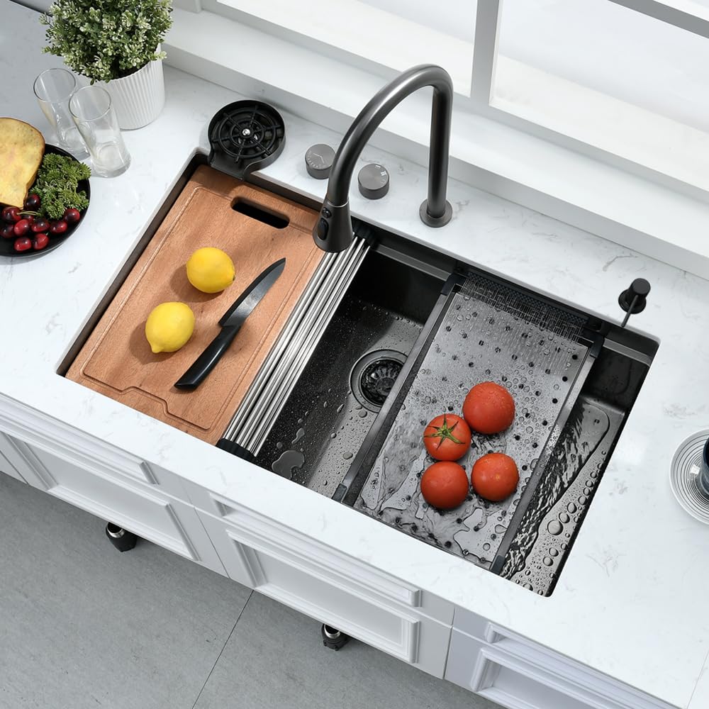33 Inch Black Waterfall Kitchen Sink Undermount Workstation-Bokaiya 33x19 Undermount Black Stainless Steel Kitchen Sink with Waterfall 16 Guage Multifunction Single Bowl Sinks with Cutting Board