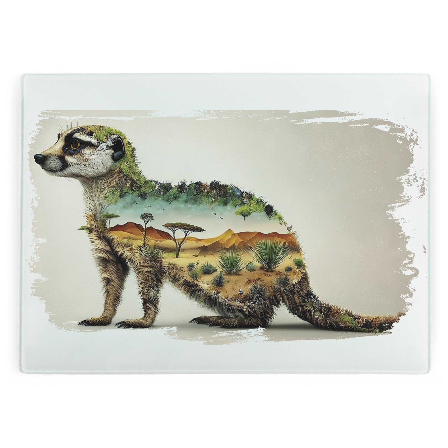 Surreal Meerkat Glass Worktop Protector - Safari Landscapes Gifts for Wild Animal Lovers - Smooth Kitchen Chopping/Cutting Board Worktop Saver with Non-Slip Feet 39cm x 28.5cm (15" x 11")