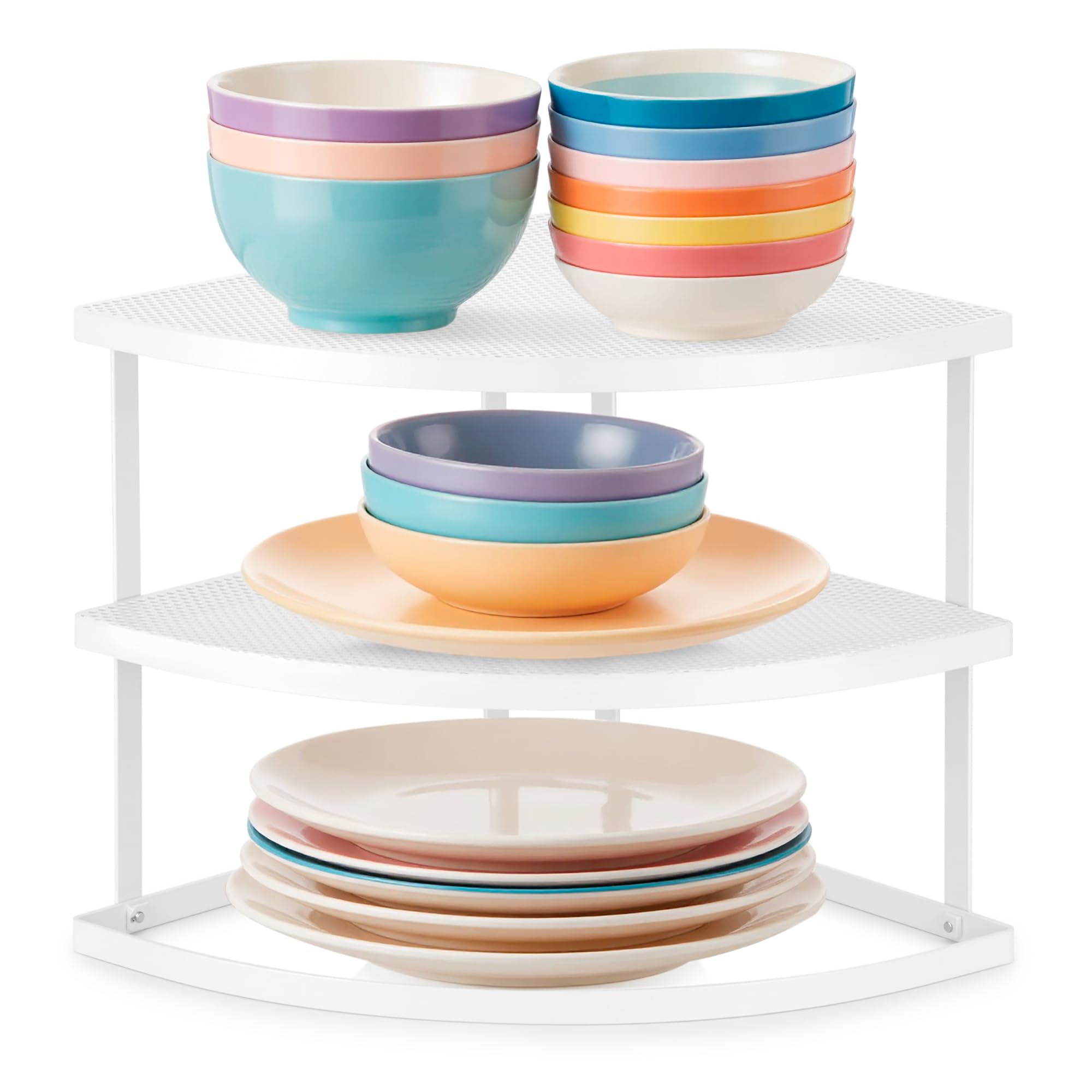 ROFAY 3 Tier Metal Corner Dish Organizer for Kitchen Counter and Cabinet, Corner Shelf for Dishes, Plates, Pantry and Bathroom Storage, White — view 6
