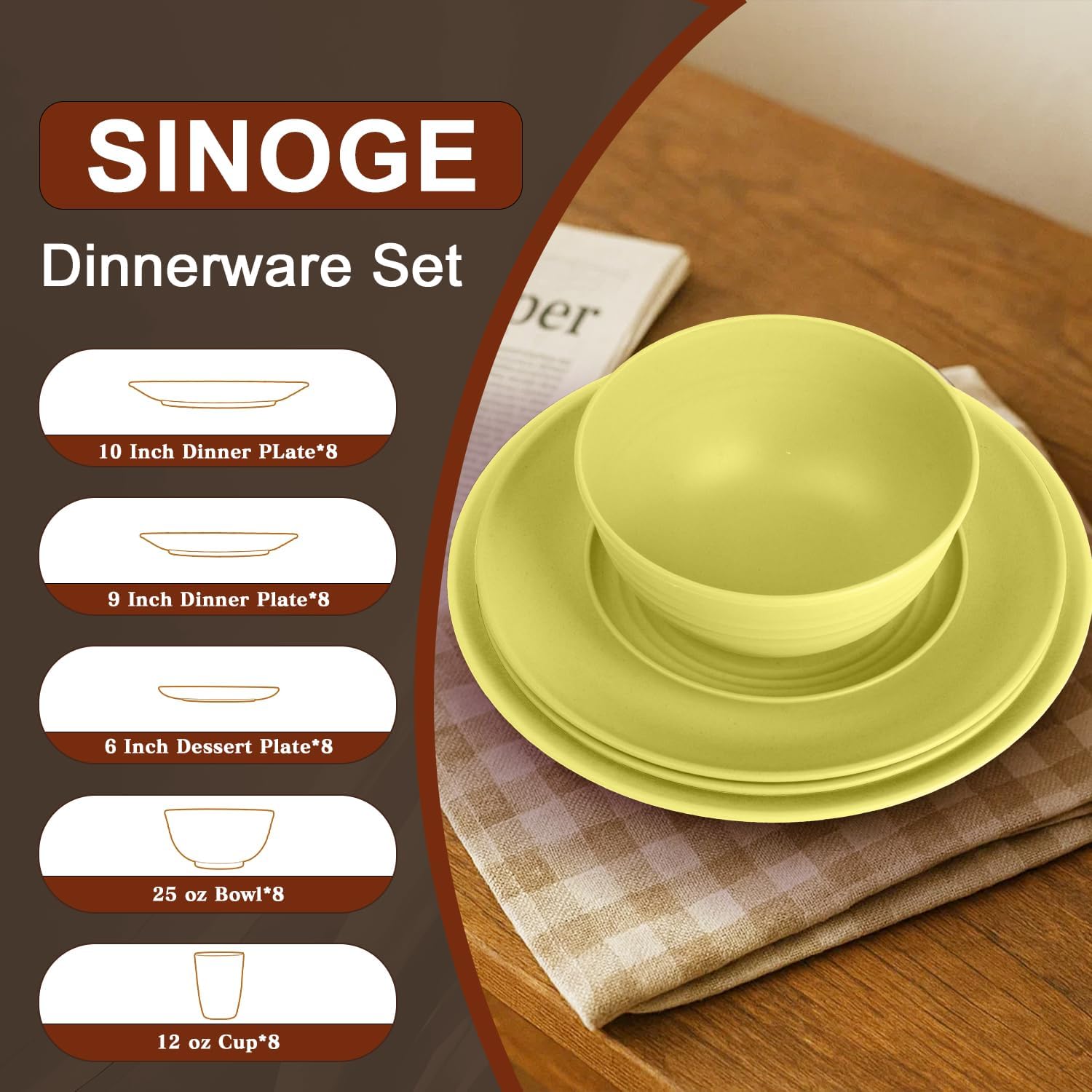 SINOGE 40 PCS Wheat Straw Plates and Bowls Sets Unbreakable Dinnerware Sets for 8 Reusable Kitchen Dinner Dish Set Dishwasher and Microwave Safe - RV, Camping, Picnic, Outdoor Dishes - Classic Yellow