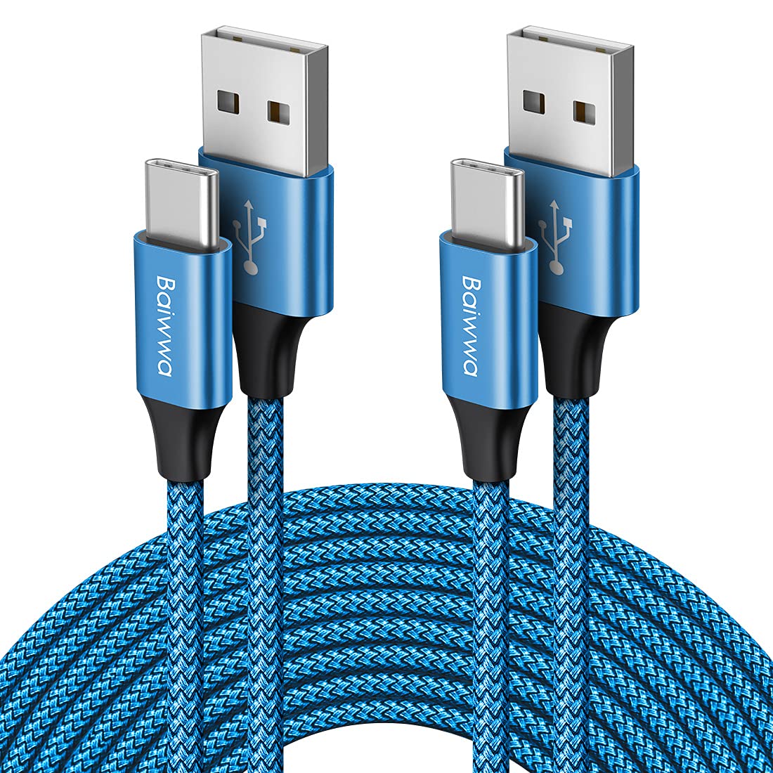 Baiwwa Cavo USB C 3 M 2Pezzi, Extra Lungo Cavo USB Type-C Ricarica Rapida Nylon Intrecciato per Samsung Galaxy S21 S20 S22 S23 S10 S9 S8 Plus, Realme -Blu