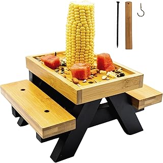Furhouse Squirrel Feeder Picnic Table, Modern Design Mini Squirrel Picnic Table with Safety Sleeve & Hook, Large Squirrel Corn Cob Feeder, Chipmunk Feeder, Fun Wooden Squirrel House Feeder for Outside