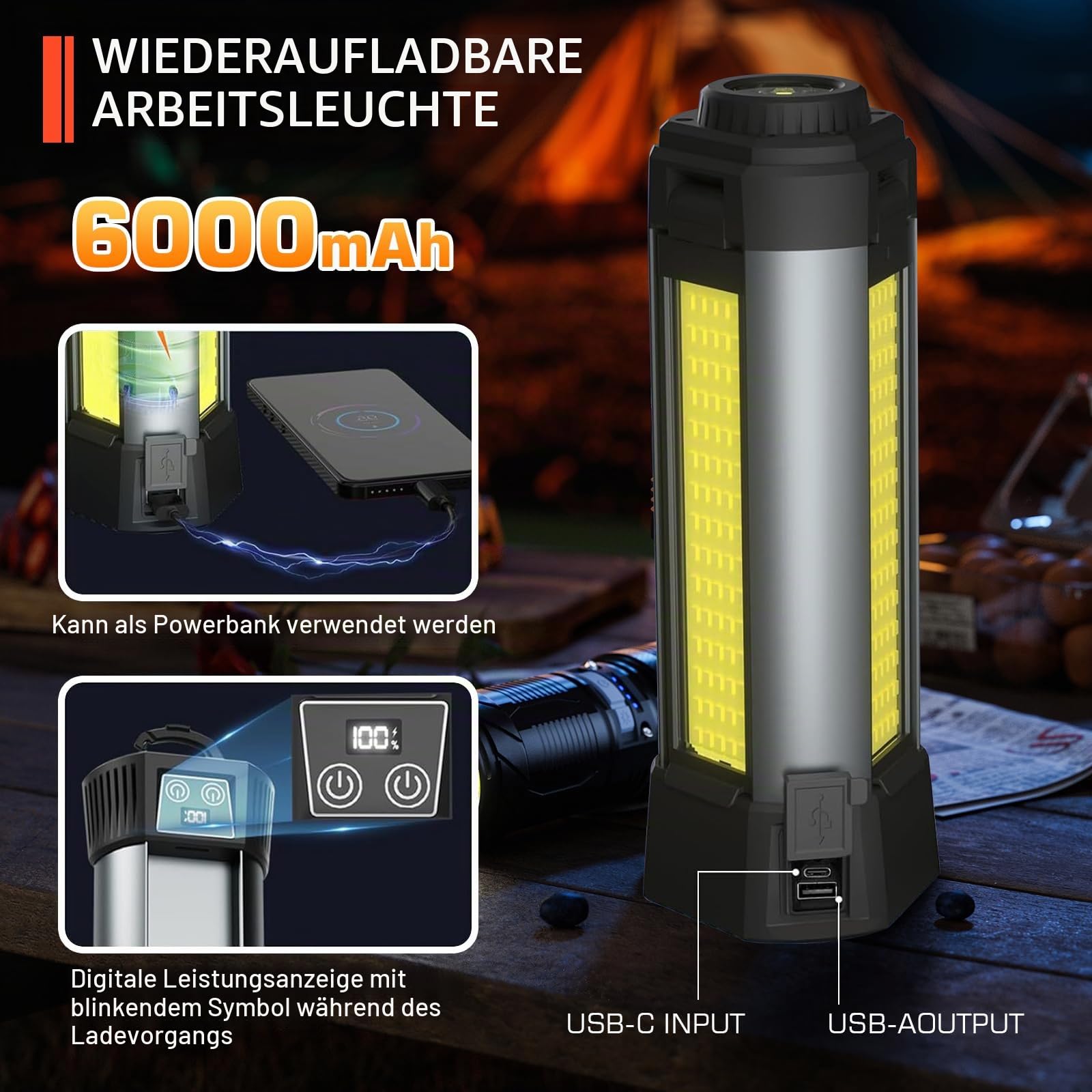 Campinglampe mit 6000mAh, 3 Farbtemperaturen Dimmbares,Superhell Suchscheinwerfer,Wiederaufladbare Kabellose Arbeitsleuchte,Mit Ausziehbares Stativ,2000 Lumen,Für Camping Autoreparatur Baustellen Usw