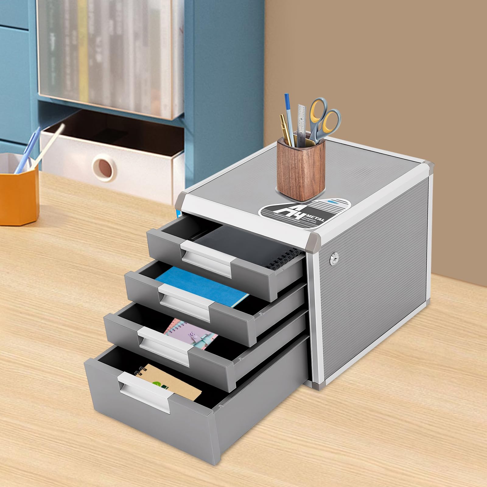 Cassettiera con serratura a 4 scomparti, formato A4, portadocumenti | Lega di alluminio, 1 grande + 3 piccoli scomparti, portaetichette, pieghevole a 180°, leggero, per ufficio e casa