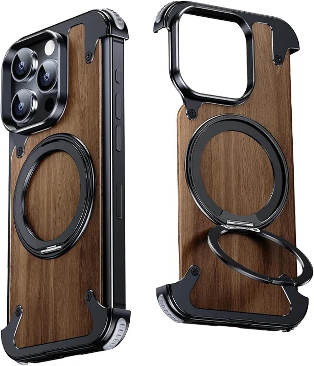 Wooden Metal Frameless Case Case for iPhone 16 Pro Max/16 Pro, with 360° Ring Stand, Compatible with MagSafe, Ultra Thin Shockproof Protective Cover