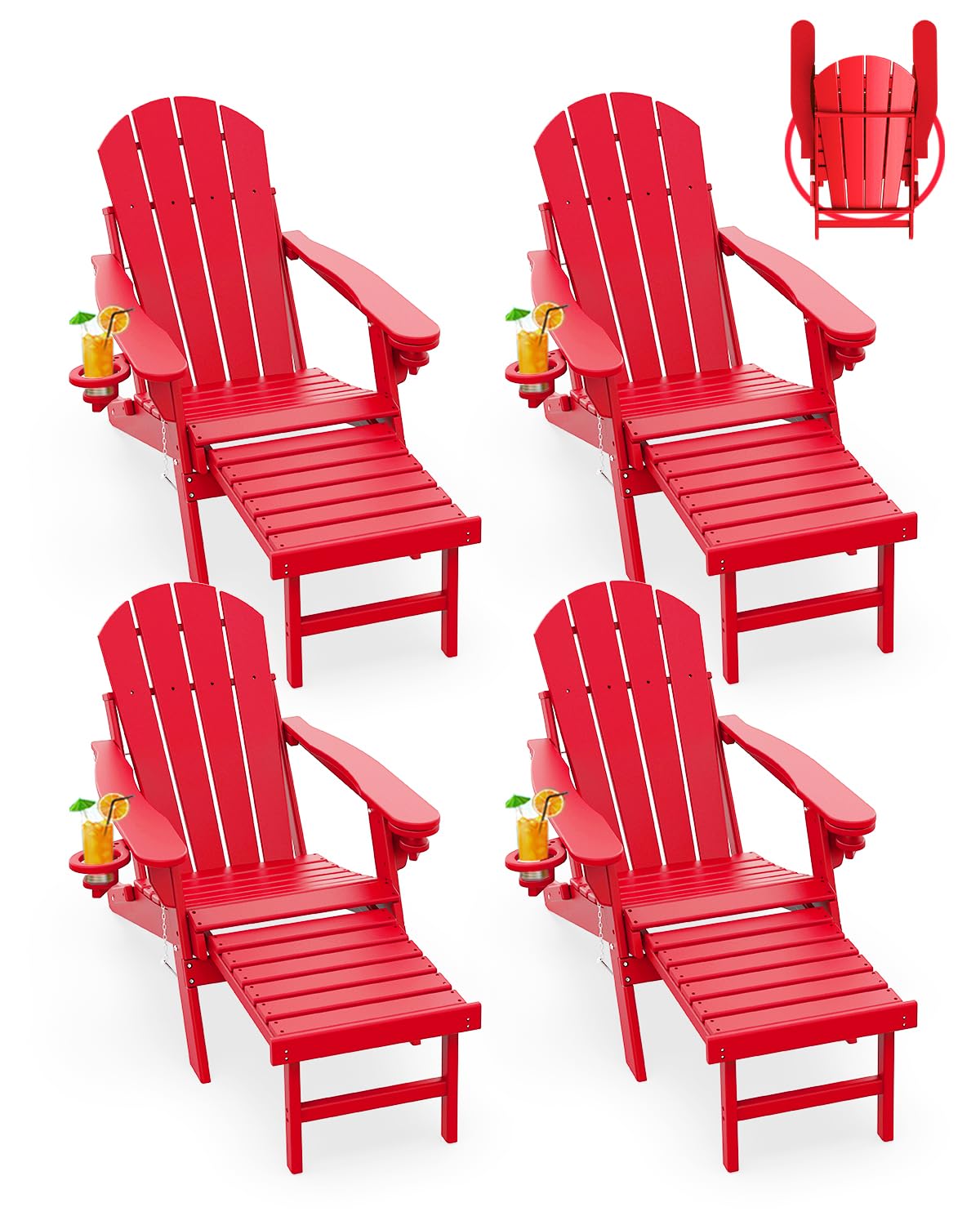 GREENVINES Adirondack-Chairs-with-Ottoman | Set of 4 | Folding | Retractable-Footrest | HDPE Plastic | All Weather Fire Pit Chair | Cup Holders | Red | for Outdoor Poolside