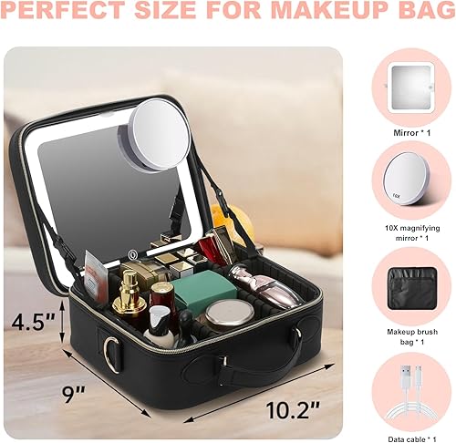 Miniatura 7 de Mocado Bolsa de maquillaje de viaje con espejo iluminado LED, organizador de maquillaje de viaje, estuche de maquillaje con 3 ajustes iluminados de