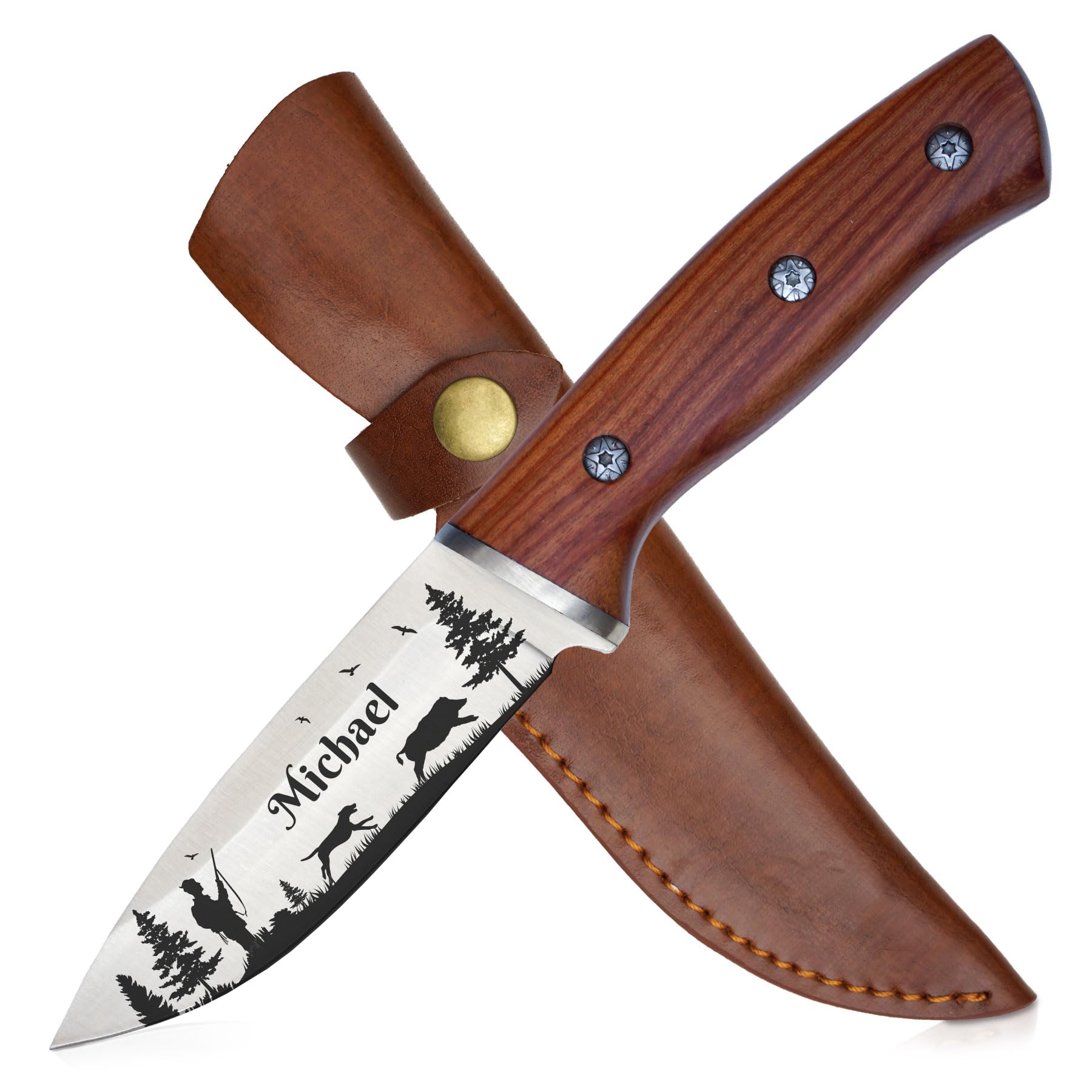 ADAM WILD Jagdmesser mit Gravur | personalisiert | Geschenke für Jäger | Wunschname graviert | rostfreier Edelstahl, Holzgriff & Lederscheide | Jagdzubehör & Geschenk zum Jagdschein