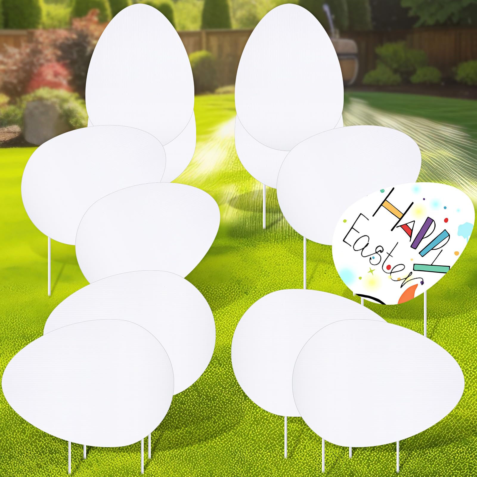 12 Pcs 8.7'' x 12'' Easter Eggs Blank Yard Signs with Stakes, Outdoor White Plastic Easter Eggs Yard Decorations Waterproof DIY Blank Lawn Decorations for Spring Easter Party Supplies