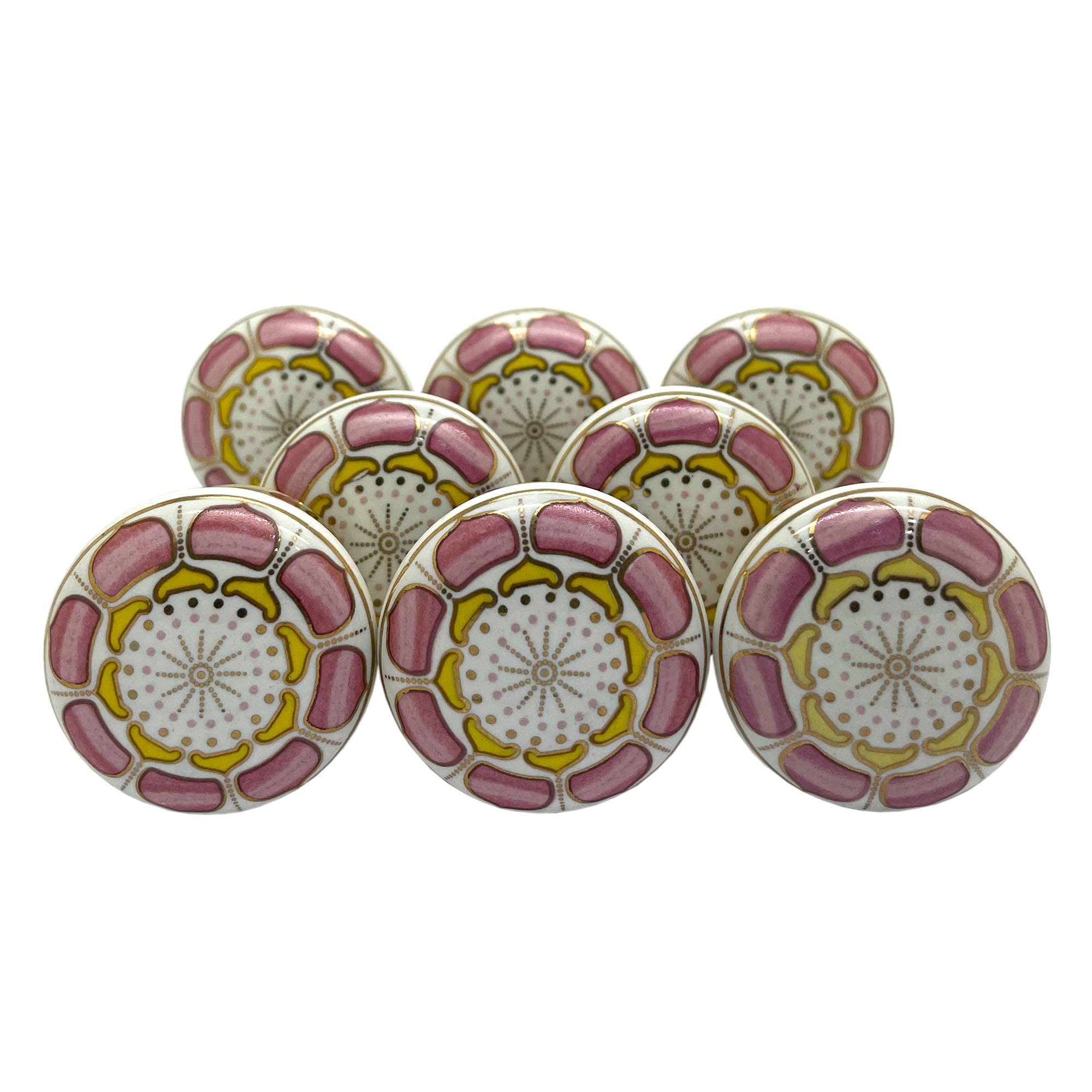 SHWETAIL Ceramic Knobs Drawer Pulls for Cabinets and Cupboards (38mm, Gold Multicolour) - Pack of 4 knobs (Pink Flower of Fate)