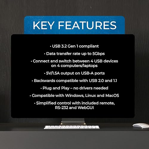 Miniatura 7 de OREI Interruptor para compartir periféricos de matriz USB 3.0 4x4, comparte 4 dispositivos USB con 4 hosts de computadora diferentes, PC, impresora,