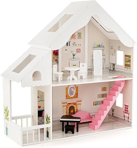 Costzon Casa de muñecas de madera para niños, 2 en 1, estantería de casa de muñecas con 6 habitaciones y almacenamiento oculto, juego de juguetes de