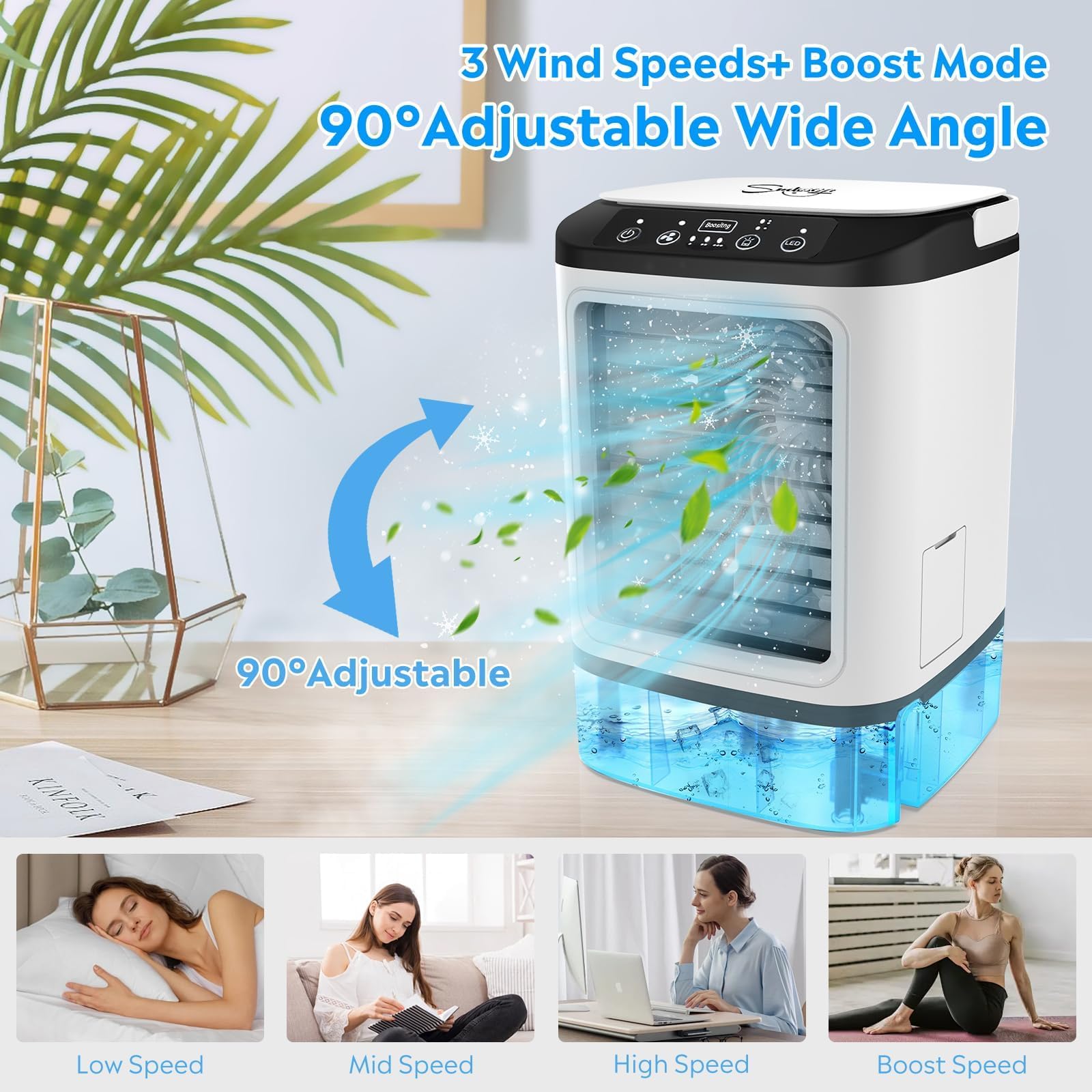 Raffrescatore D'aria Evaporativo Portatile, Ventilatore 4 In 1 Con Contenitore Per Il Ghiaccio, Serbatoio Dell'acqua Da 900 Ml, 2 Livelli Di Nebulizzazione, 3 Velocità E Modalità Boost