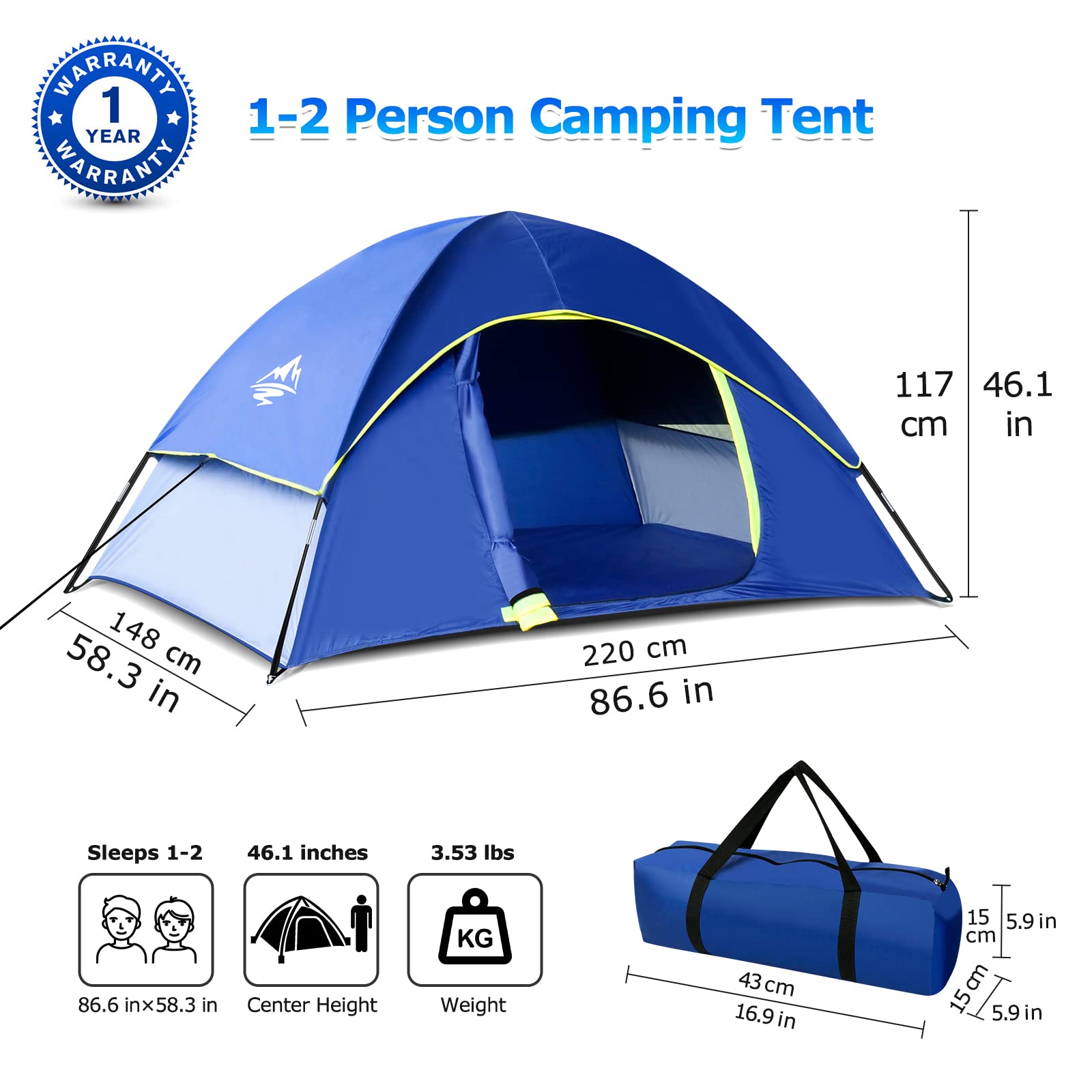 GLADTOP Camping Tent 1/2/3 Person Waterproof Windproof Tent with Removable Rainfly and Carry Bag, Easy Set Up Portable Camping Tent,Lightweight Outdoor Tent for Backpacking, Hiking or Beach