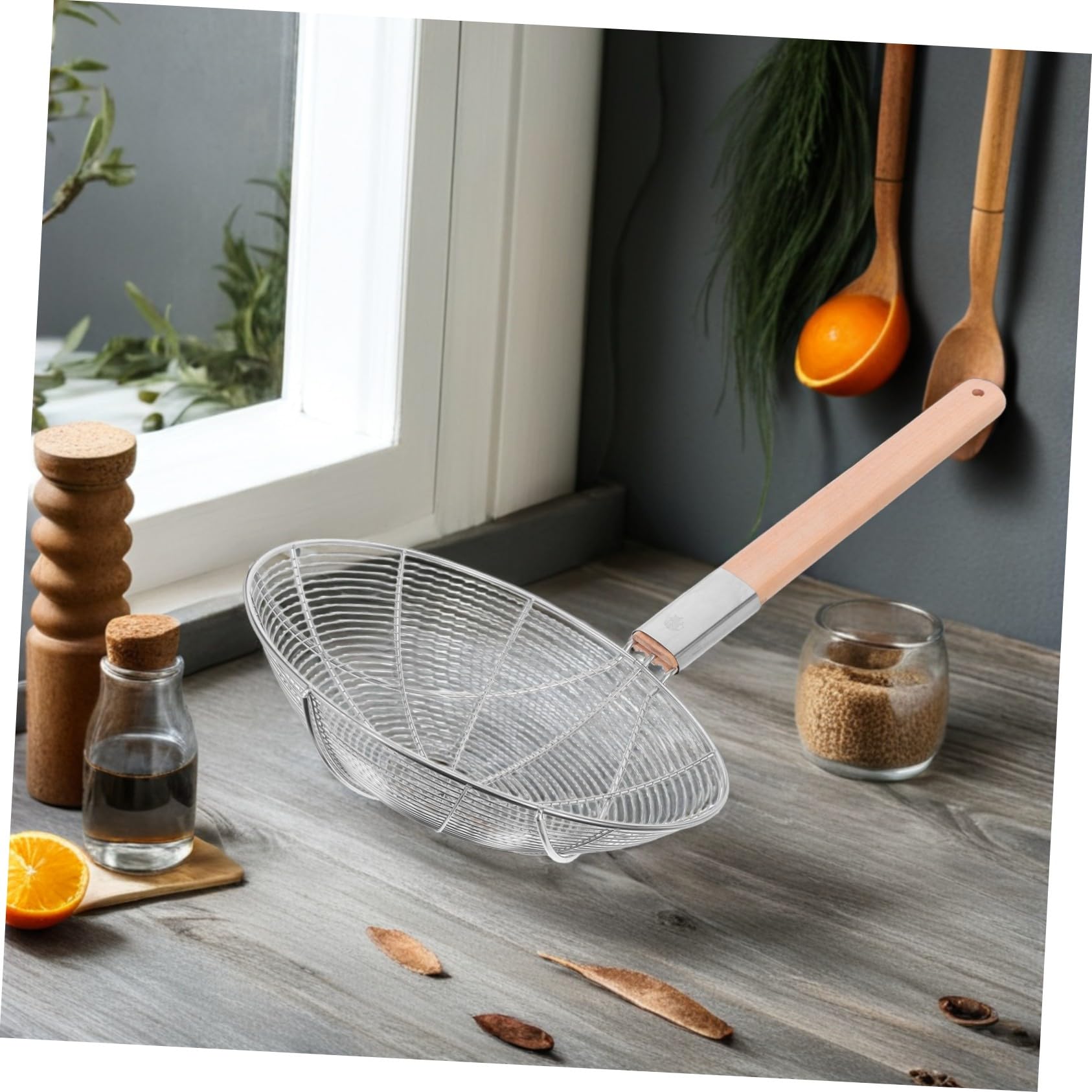 Passoire à Écumoire en Acier Inoxydable Manche en Bois, Filtre Fin et Grosse Louche, Design Antidérapant, Cuisine Professionnelle et Friture