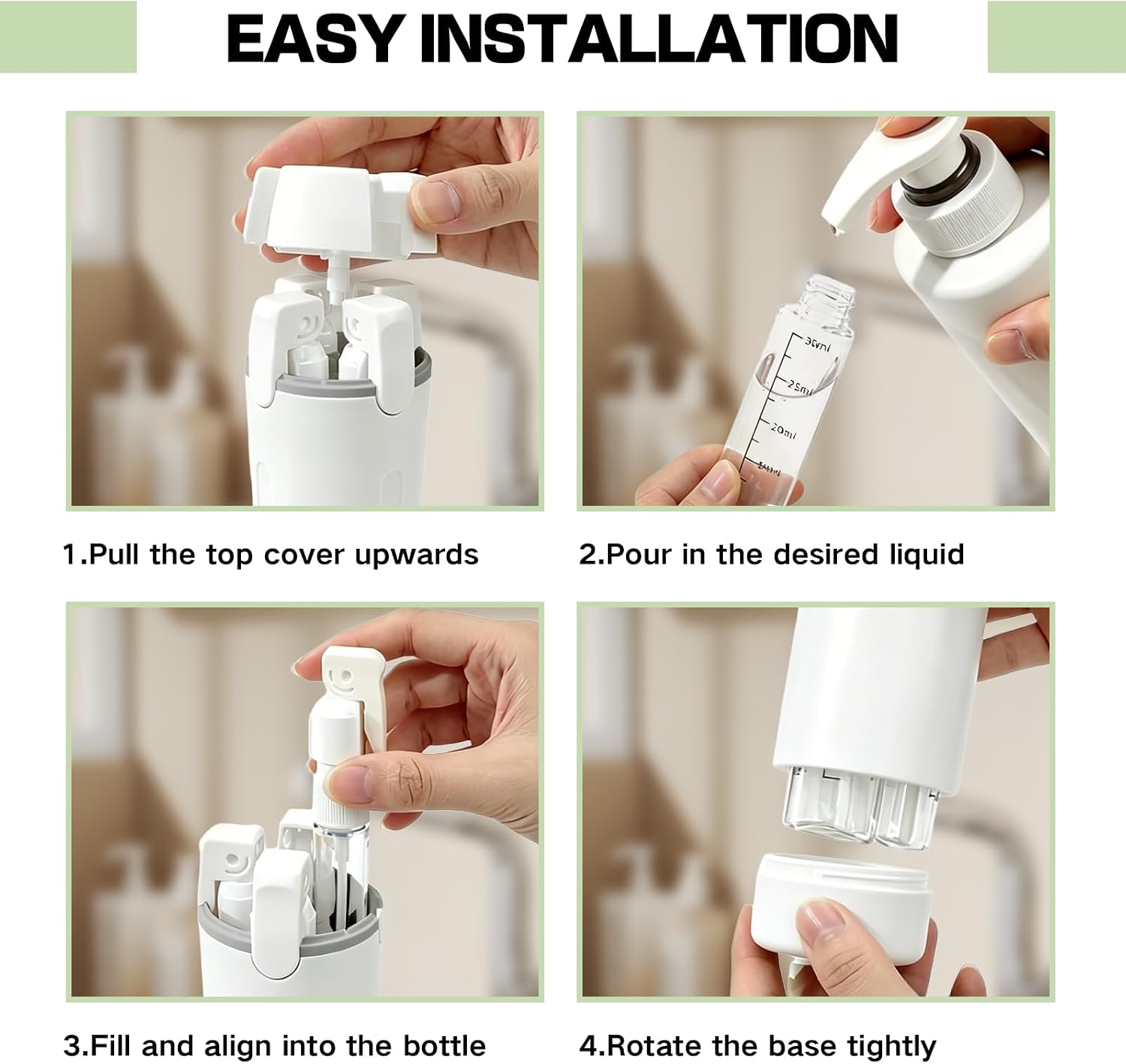 4 in 1 Travel Dispenser Bottle with Pump for Vacation & Business Trip, Leakproof & Easy Clean Travel Bottle and Toiletries Containers with Scale and Labels for Shampoo, Conditioner, Lotion & Skincare