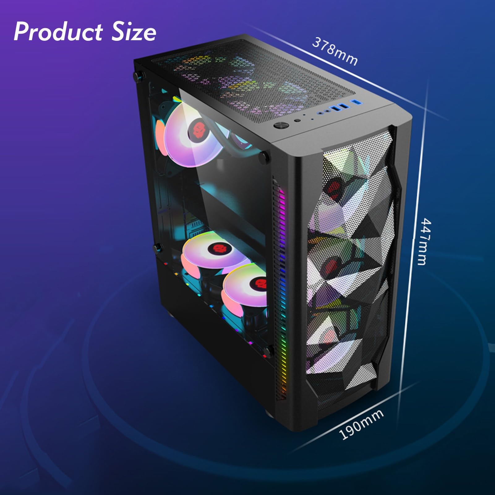 Obudowa komputera Mid-Tower do gier, Obudowa Desktop ATX Micro-ATX ITX, Panel boczny ze szkła hartowanego, Fabrycznie zainstalowane 6 wentylatorów, Nadaje się do gier i pracy biurowej (Size : Black)