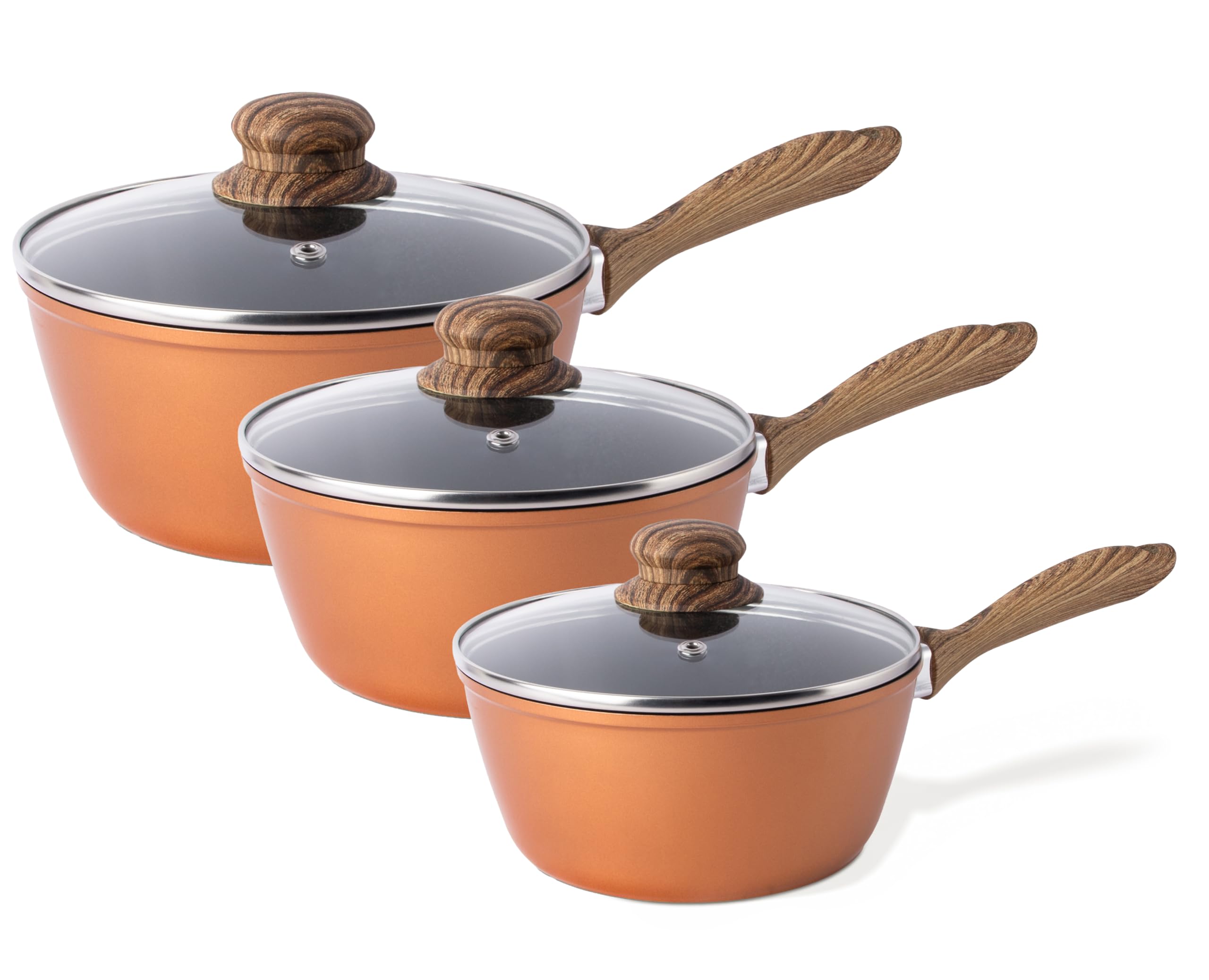 nuovva Antihaftbeschichtetes Kochtopf-Set – Induktionstopf mit Deckel – 3-teiliger Kupfer -Saucentopf – 16 cm, 18 cm, 20 cm Topf-Set