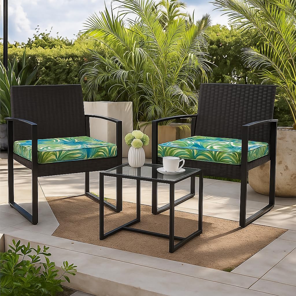 18x18x3 Inch Outdoor Square Corner Chair Cushions with Ties Set of 2, Water & Fade Resistant Thick Seat Cushion Pads for Garden Patio Dining Porch Furniture - Green Palm Leaves