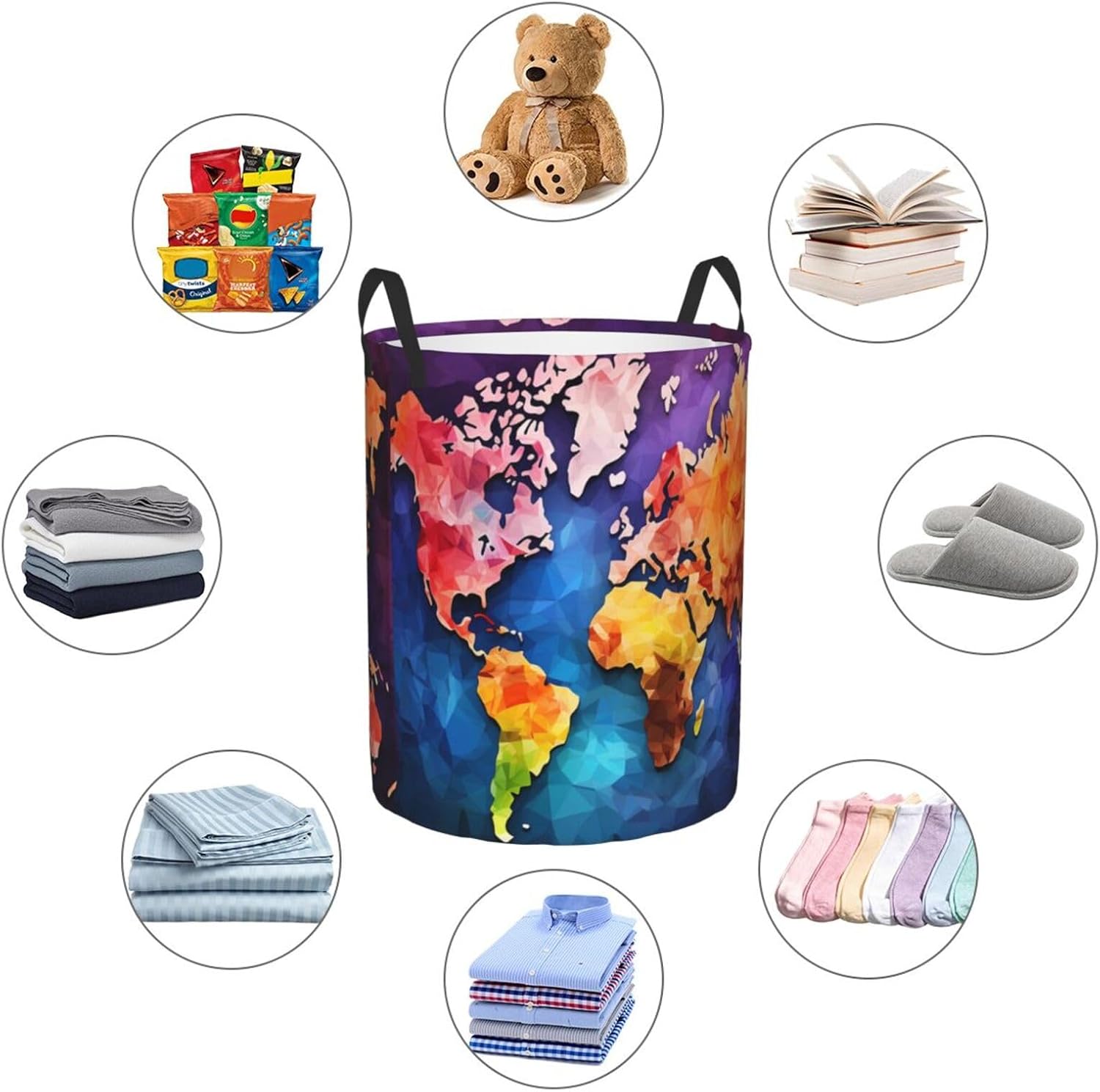 Color map Laundry Basket With Handles, Foldable Laundry Hamper Oxford Cloth Dirty Clothes Basket Waterproof Clothes Toys Storage Bin Organizer for Bedroom Bathroom Dorm