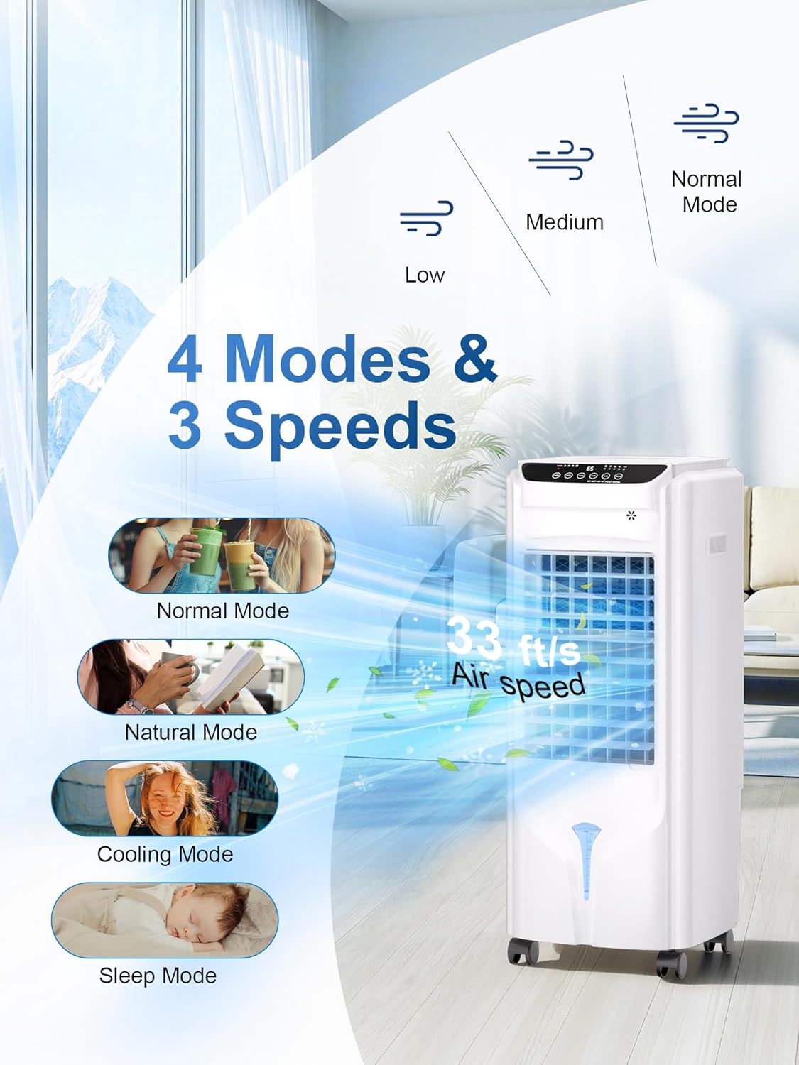 Uthfy Evaporative Air Cooler showing 4 modes and 3 speeds