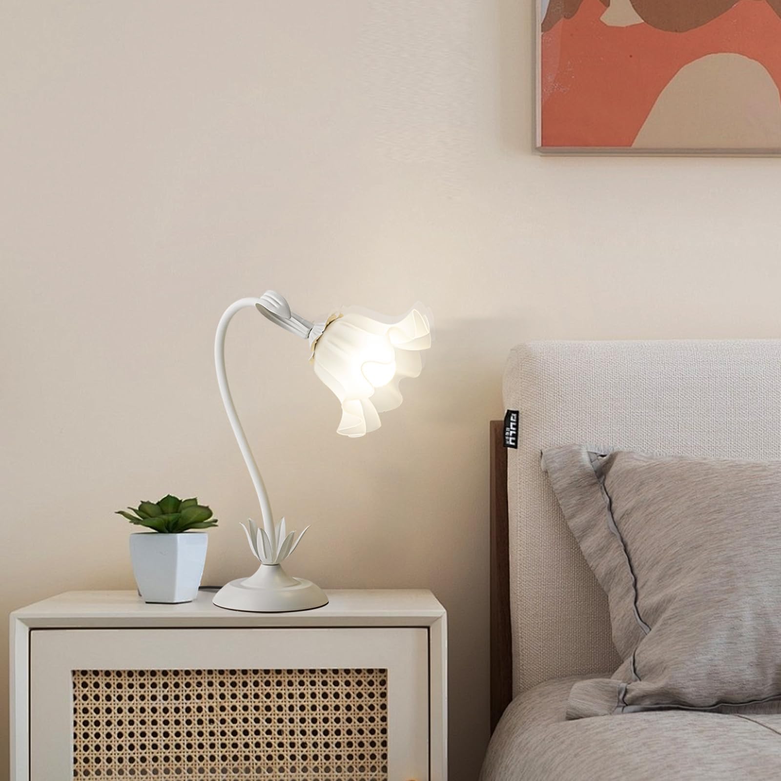 Biała lampa nocna, akrylowa lampa stołowa z kwiatami, metalowa lampka biurkowa dla dziewczynek, abażur z akrylu, wolno obrotowa lampa do sypialni, salonu, z trójkolorowym oświetleniem, 50 cm