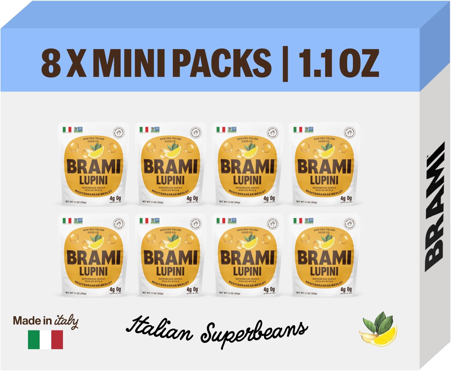 BRAMI Lupini Beans Snack, Mini | 4g Plant Protein, 0g Net Carbs | Vegan, Vegetarian, Keto, Plant Based, Mediterranean Diet | 1.06 Ounce (8 Count) (Mediterranean Medley)
