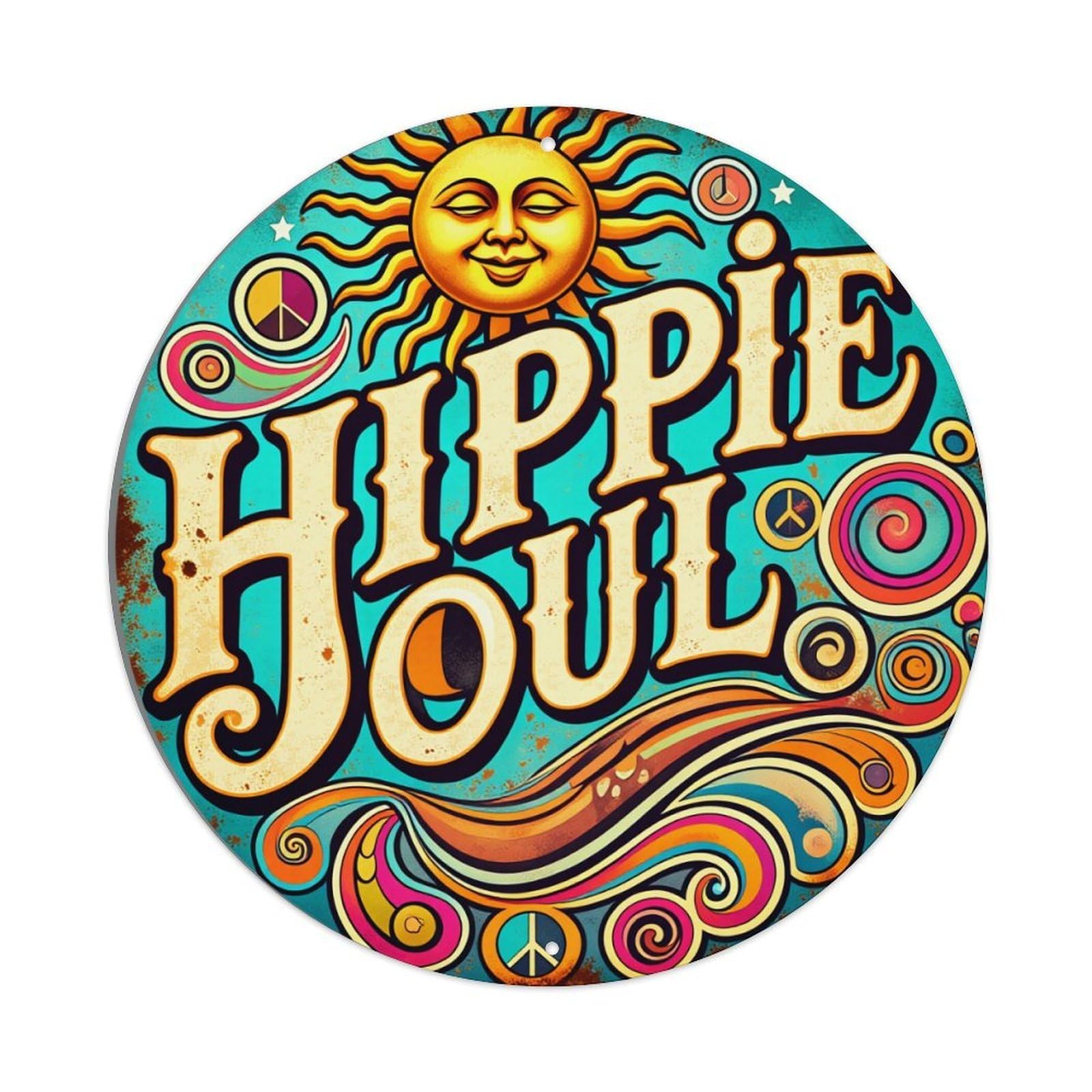 Hippie Soul Peace Sun Swirl Round Tin Sign Vintage Metal Poster, Home Bar Garage Man Cave Cafe Indoor & Outdoor Wall Decoration 8x8Inches