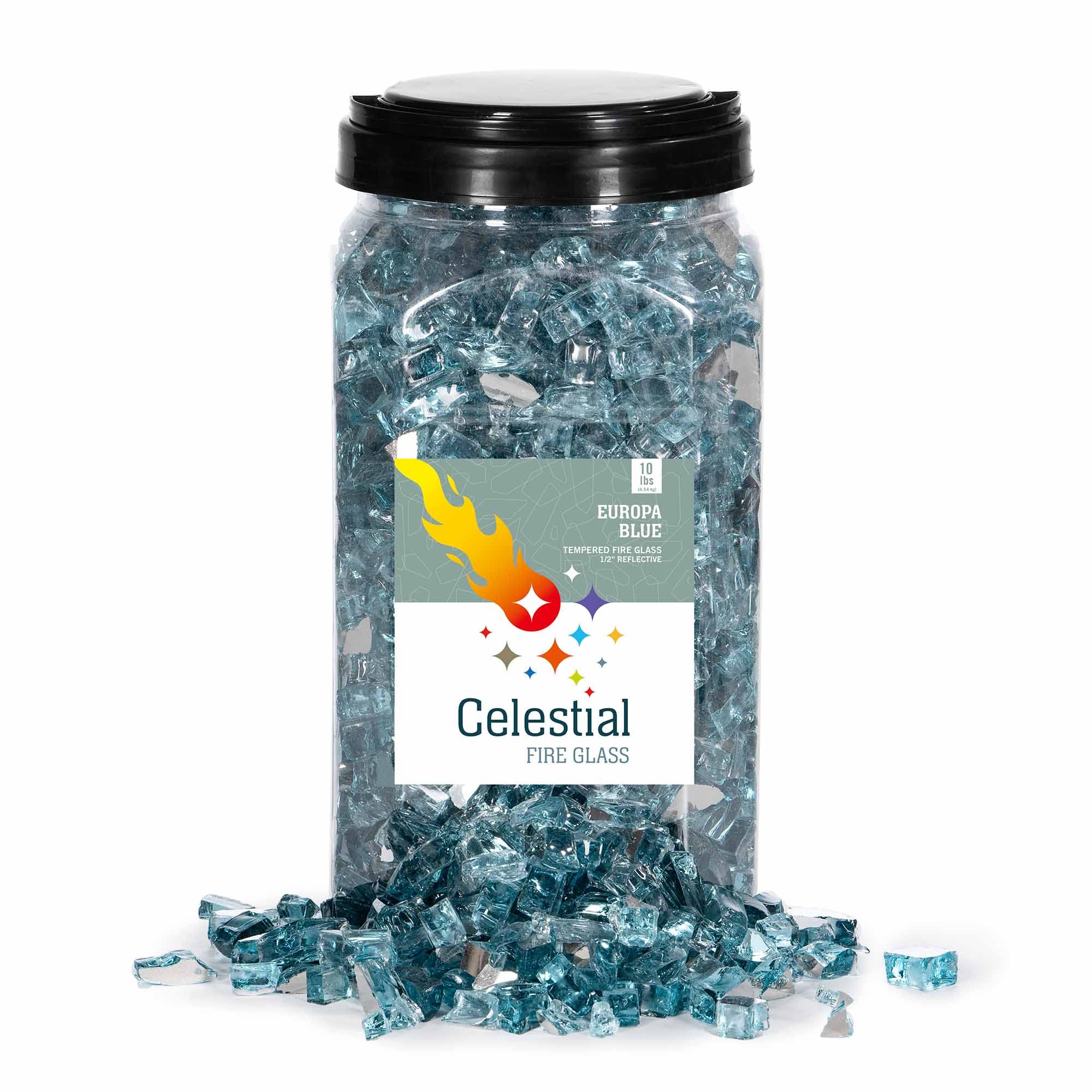 Celestial Fire Glass High Luster, 1/2" Reflective Tempered Fire Glass in Europa Blue | 10 Pound Jar