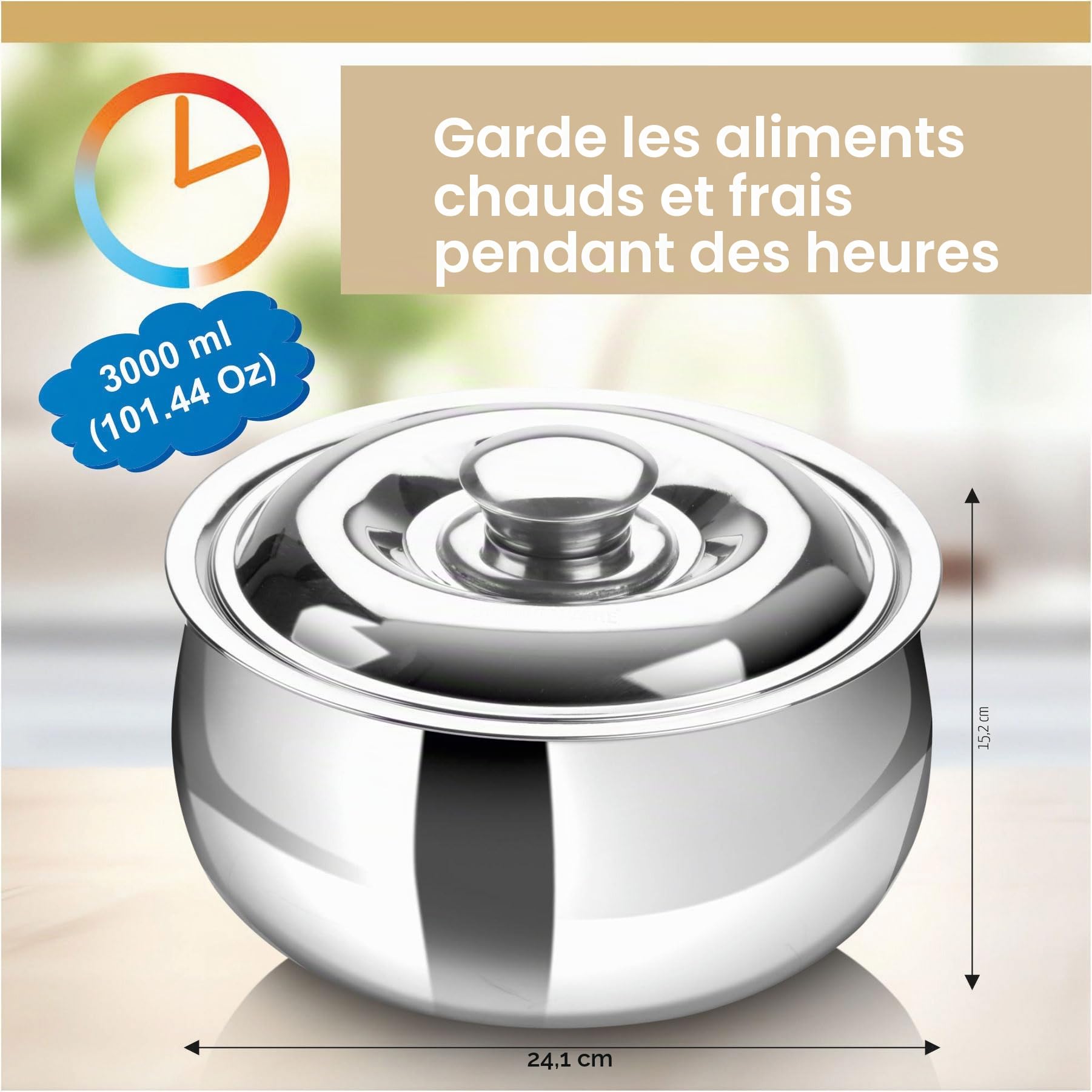 SIGNORA WARE Grande cocotte isotherme avec couvercle 3000 ml en acier inoxydable - Réchaud/refroidisseur - Bol de service thermique pour soupe/salade - Récipient pour aliments chauds - Meilleur