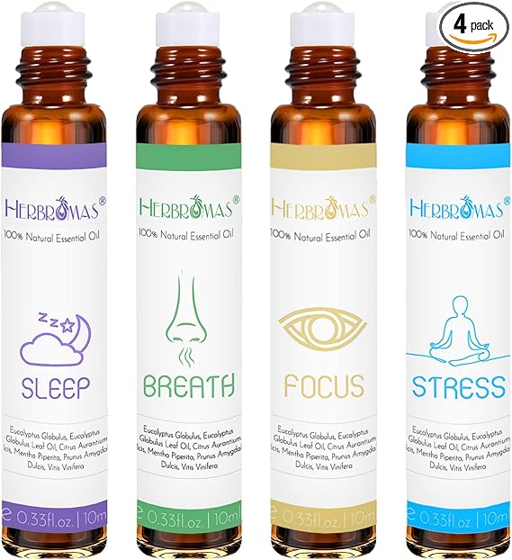 Aromatherapy Oils Roller Set, Natural Pre-diluted Essential Oils Roll On with Glass Rollerball, Relaxation Gift for Women & Men, Christmas Gift, Pack 4 x 0.33fl.oz