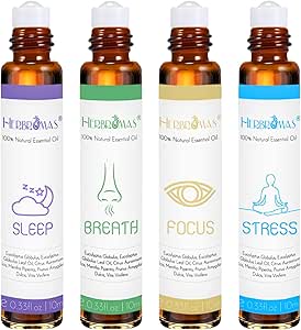 HERBROMAS Aromatherapy Oils Roller Set, Natural Pre-diluted Essential Oils Roll On with Glass Rollerball, Relaxation Gift for Women &amp; Men, Christmas Gift, Pack 4 x 0.33fl.oz