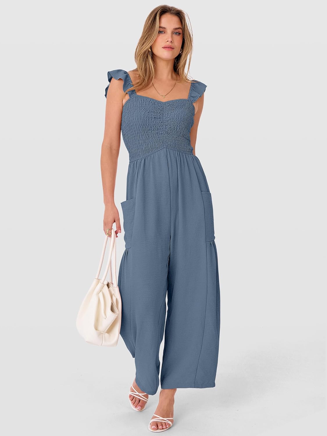 ANRABESS Jumpsuits for Women Dressy One Piece Summer Outfits Wide Leg Sleeveless Smocked Romper Jumpers Casual Beach Overalls - Image 6