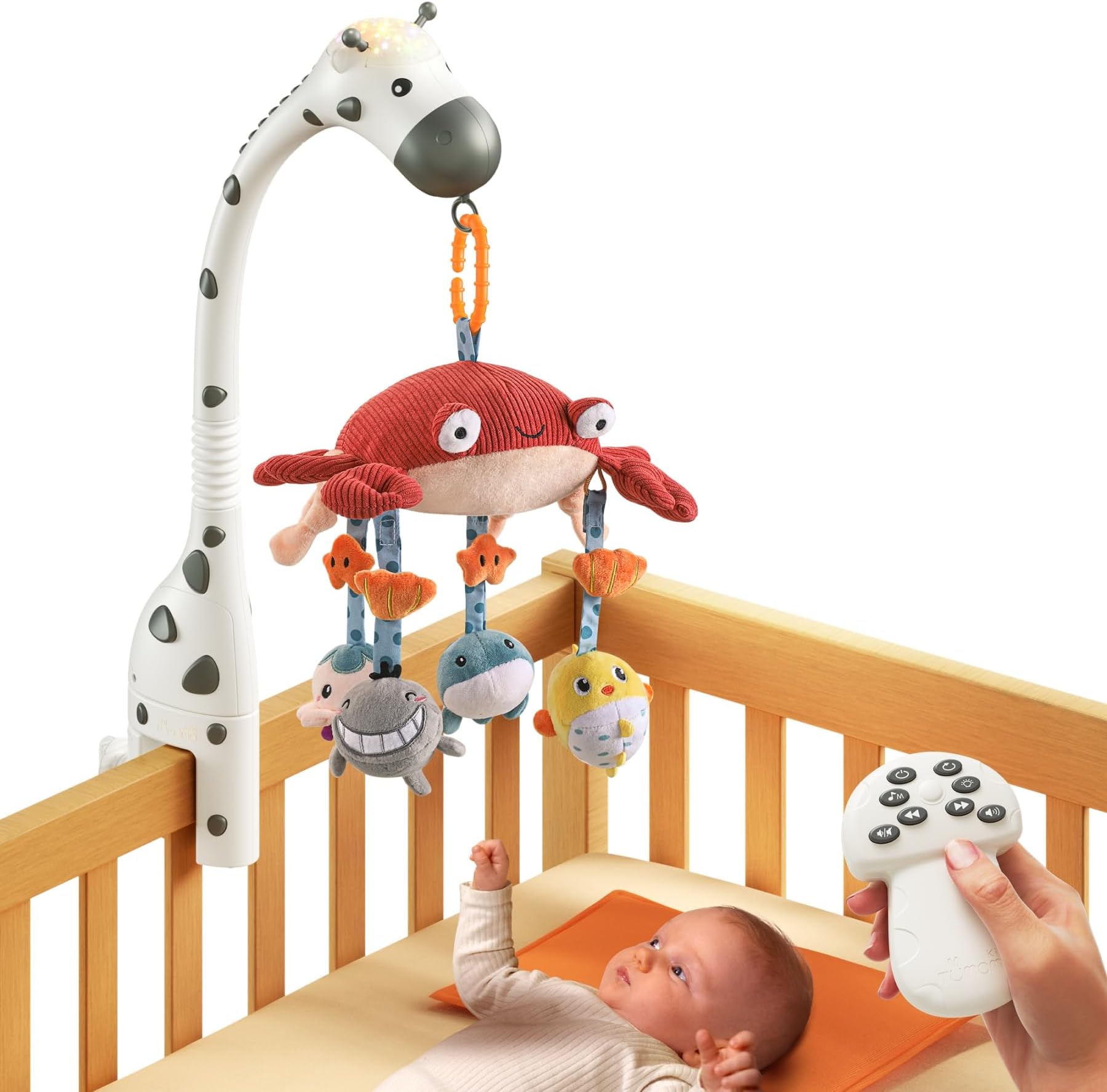 tumama Baby Musical Cot Crib Mobile Remote Control with Mirror Soft Animals Hanging Toys Lights Lullaby Rotating Projector Sleeping,Piano,Natural Music,Auto Off,Mute Spin Motor Infant Newborn Gift