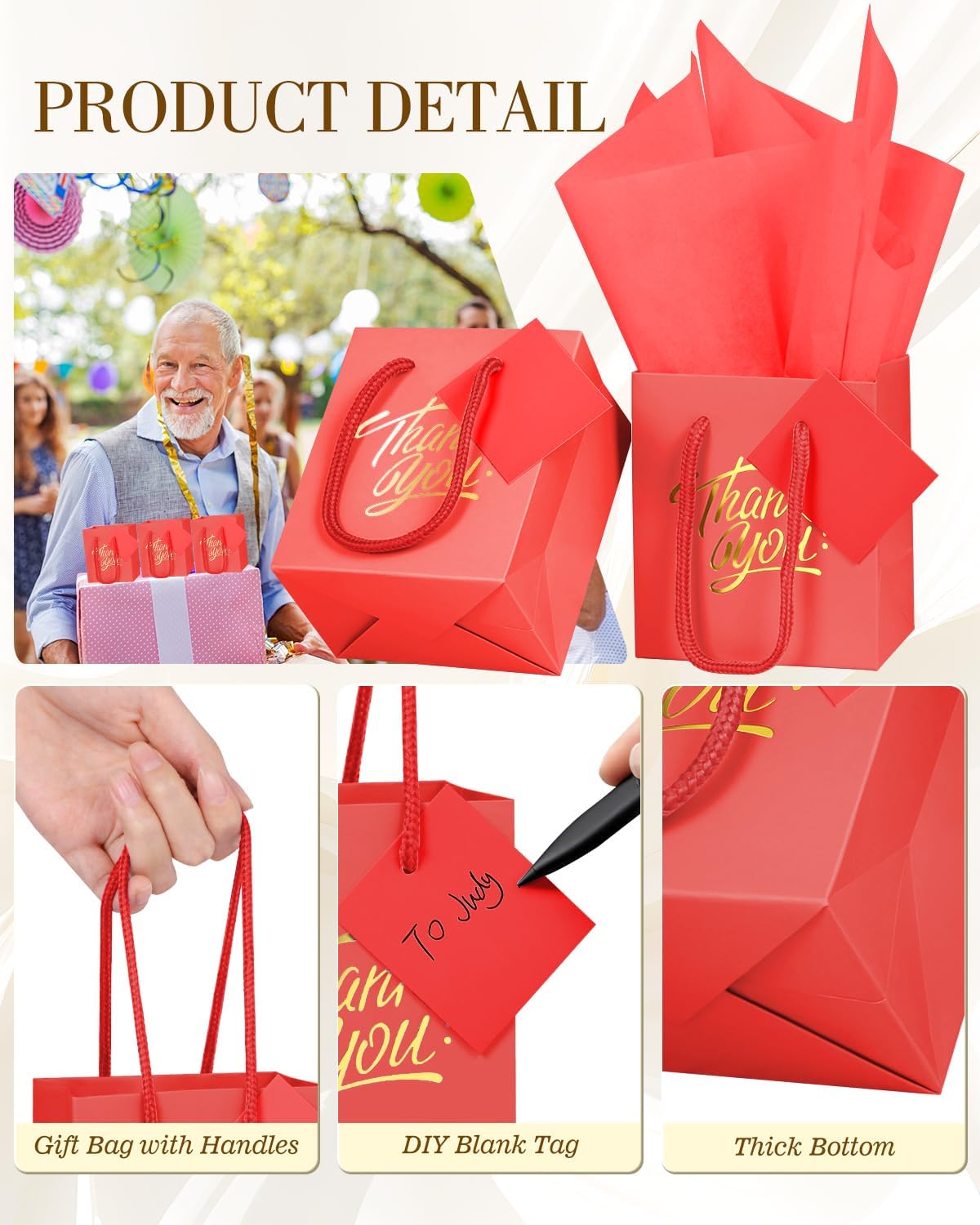 EQOREIIN 50 Pcs White Small Gift Bags with Handles 4 x 2.75 x 4.5 Inches Mini Thank You Gift Bags Party Favor Bags Kraft Paper Bags Bulk for Mother's Day Baby Shower Birthday(red) - Image 4