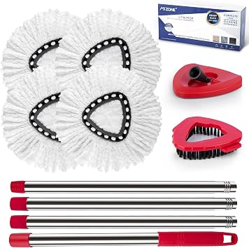 Spin Mop Head & Handle Replacement Set for O-Cedar EasyWring 1-Tank System | Not for RinseClean 2-Tank; 4 microfiber mop refills, 1 scrub brush, 1 base & 1 adjustable stainless steel handle 30-58 in.