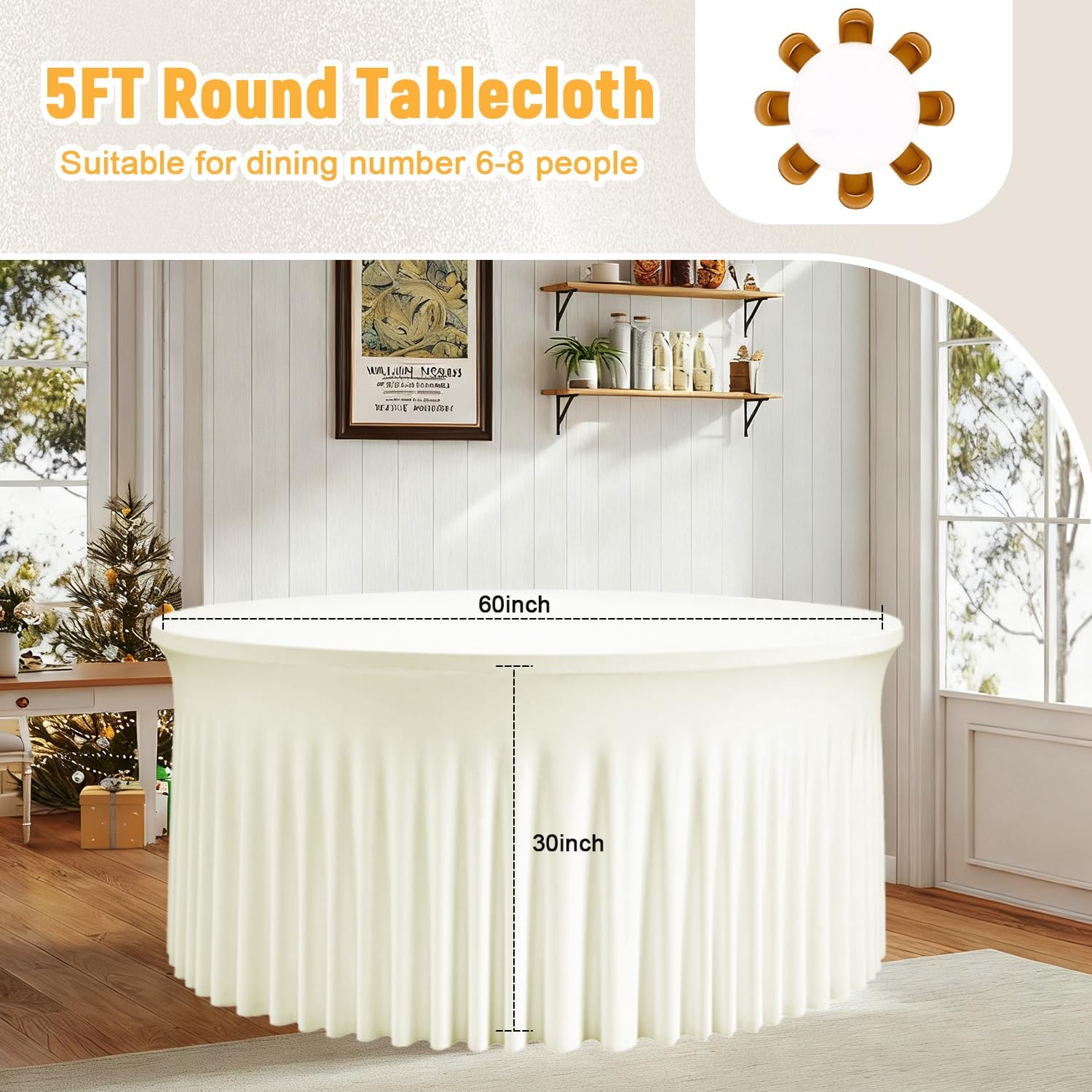 Ivory Spandex Round Tablecloths for 60 inch Table, Stretchy 5FT Round Table Cover with Skirt for Wedding Party Dining Banquet