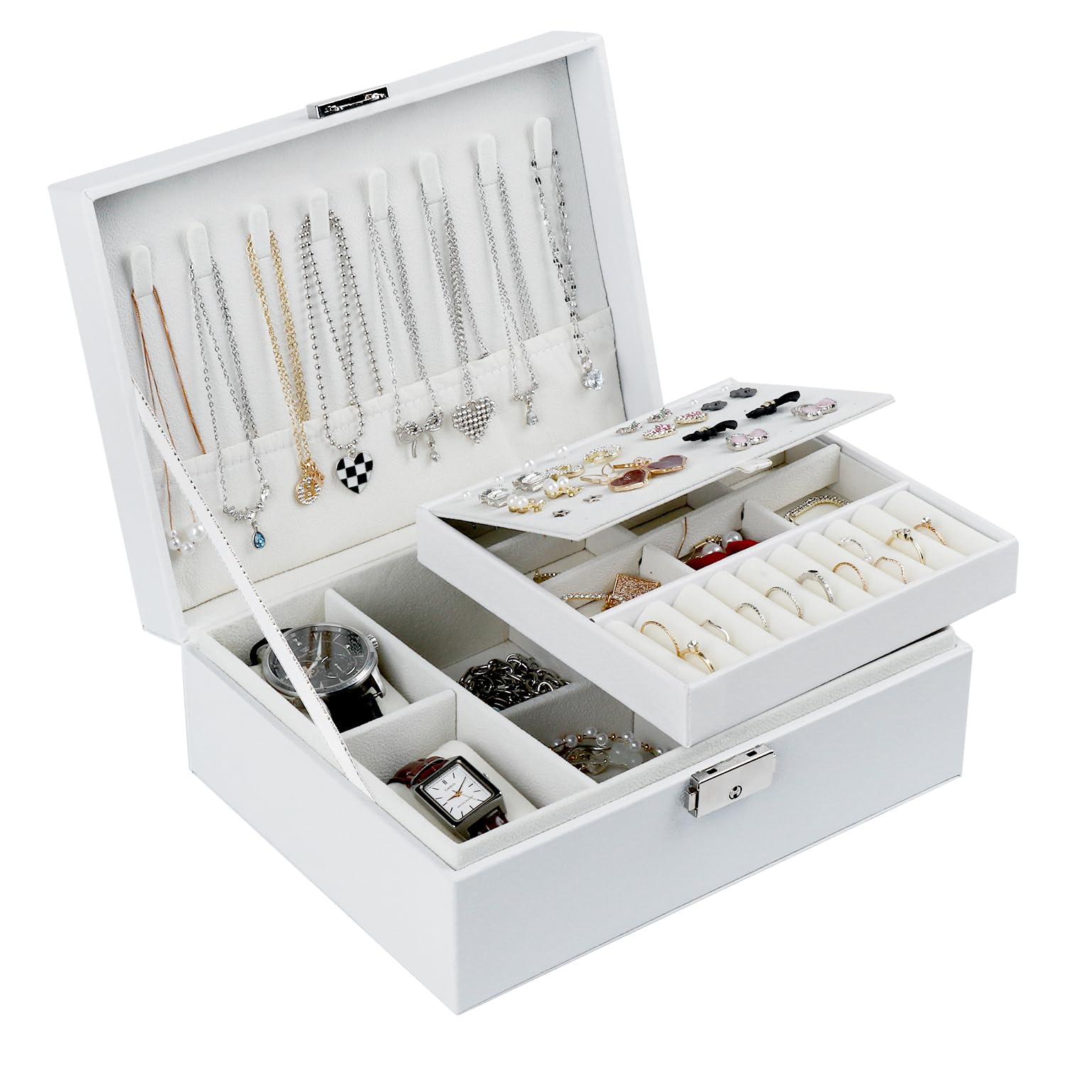 LeerweiiLeerweii Jewellery Box for Women Girls, 2-Layer PU Leather Jewellery Organiser with 2 Watch Pillows Travel Jewellery Box with Removable Tray for Earrings Rings Necklaces Watches Bracelets, White
